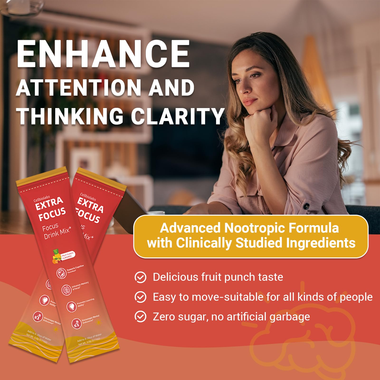 Nootropic Extra Focus Drink Mix, 30 Packs On-The-Go Sticks, Featuring Alpha-GPC, Lion's Mane & Rhodiola, Sugar-Free Packets Fruit Punch Clean Drink Mix CellbiolabsAu supplements