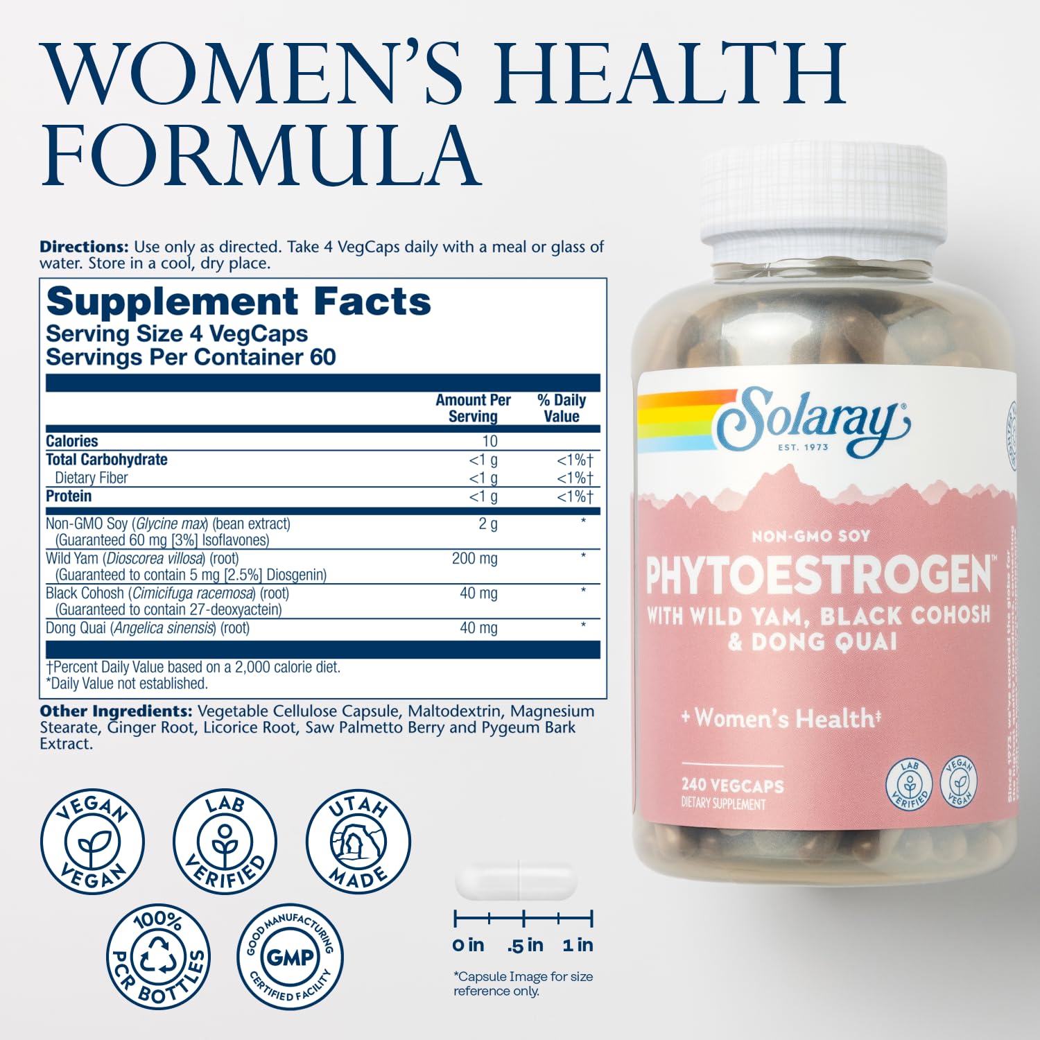 SOLARAY PhytoEstrogen Menopause Supplements with Wild Yam, Black Cohosh and Dong Quai - Phyto Estrogen Pills for Perimenopause and Menopause Support, Vegan, 60-Day Guarantee, 60 Servings, 240 VegCaps SOLARAYAu supplements