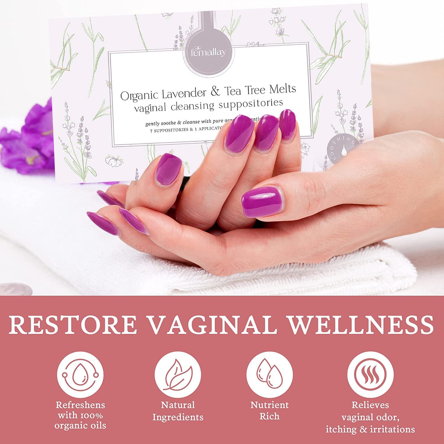 Femallay Lavender and Tea Tree Oil Vaginal Cleansing Suppositories for Hygiene, 100% Natural Melts FemallayAu supplements