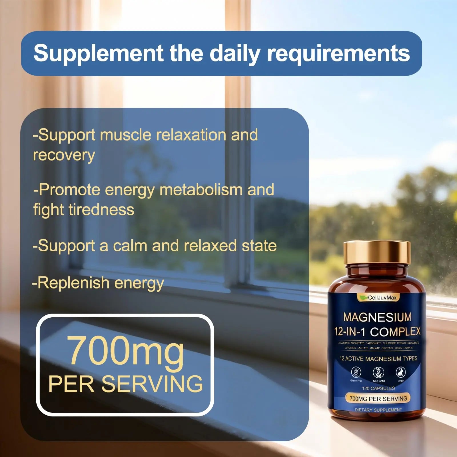 Magnesium 12-in-1 Complex 700mg, with Glycinate & Citrate, Vegan Supplement for Daily Wellness, 120 Capsules (1) WOJJnz supplements