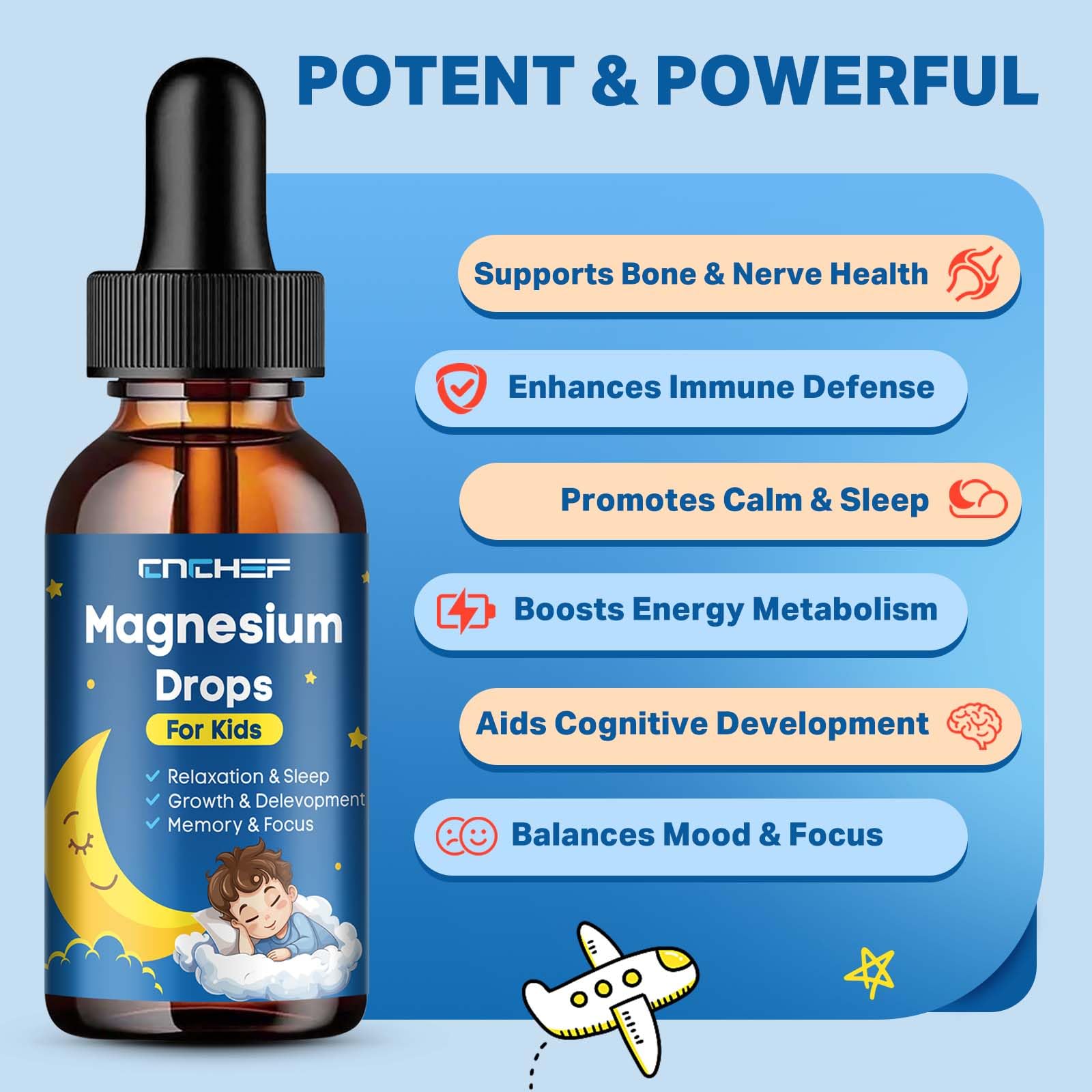 Magnesium Drops - Magnesium Glycinate Liquid Drops for Kids - Calm, Sleep, Relaxation, Bones, Brain Support with Vitamin B6, C, D3, Omega-3, L-Theanine, Zinc, Multivitamins - Strawberry Flavor 2 Fl Oz CNCHEFAu supplements