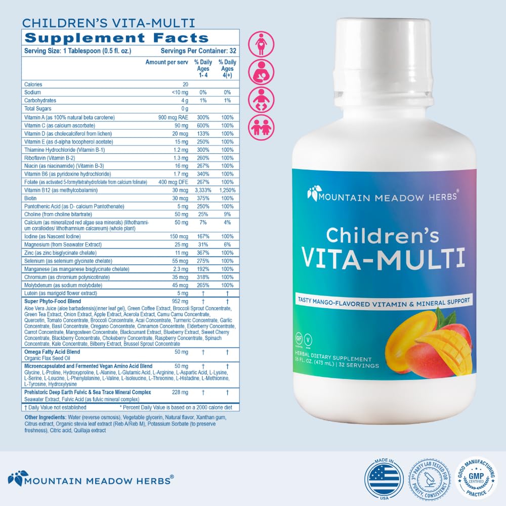 Mountain Meadow Herbs Children's Vita-Multi: Blended Vitamin & Mineral Supplement - Fast Absorbing Liquid Kids Vitamins with Fruits, Greens, and Eye-Protecting Lutein (16 oz.) Mountain Meadow HerbsAu supplements