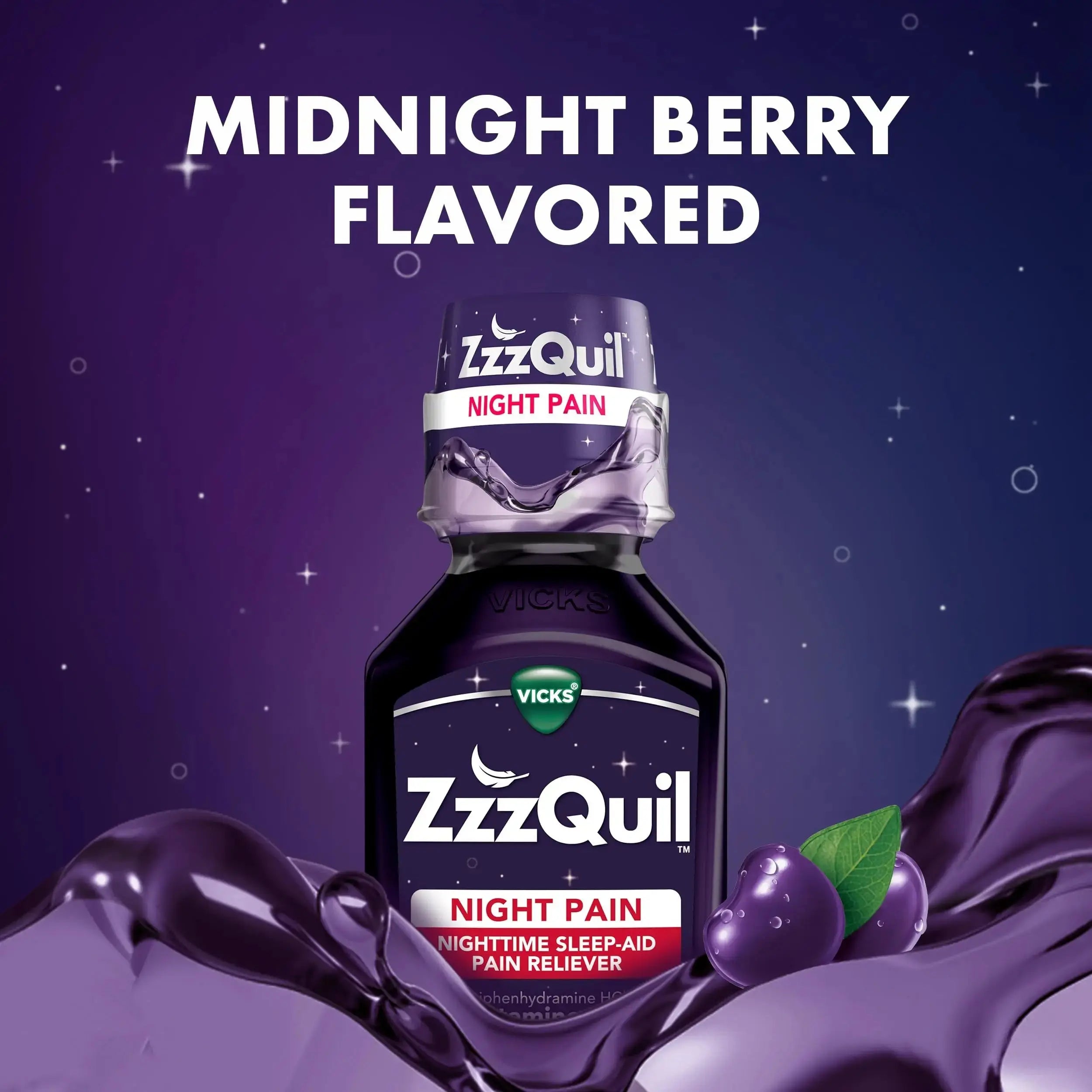 ZzzQuil Liquid, Max Strength Pain Reliever, Nighttime Sleep Aid Liquid, Acetaminophen 1000mg, Diphenhydramine 50mg HCI, Non-Habit Forming, Midnight Berry Flavored, 2 Pack, 24 FL OZ ZzzQuilAu supplements