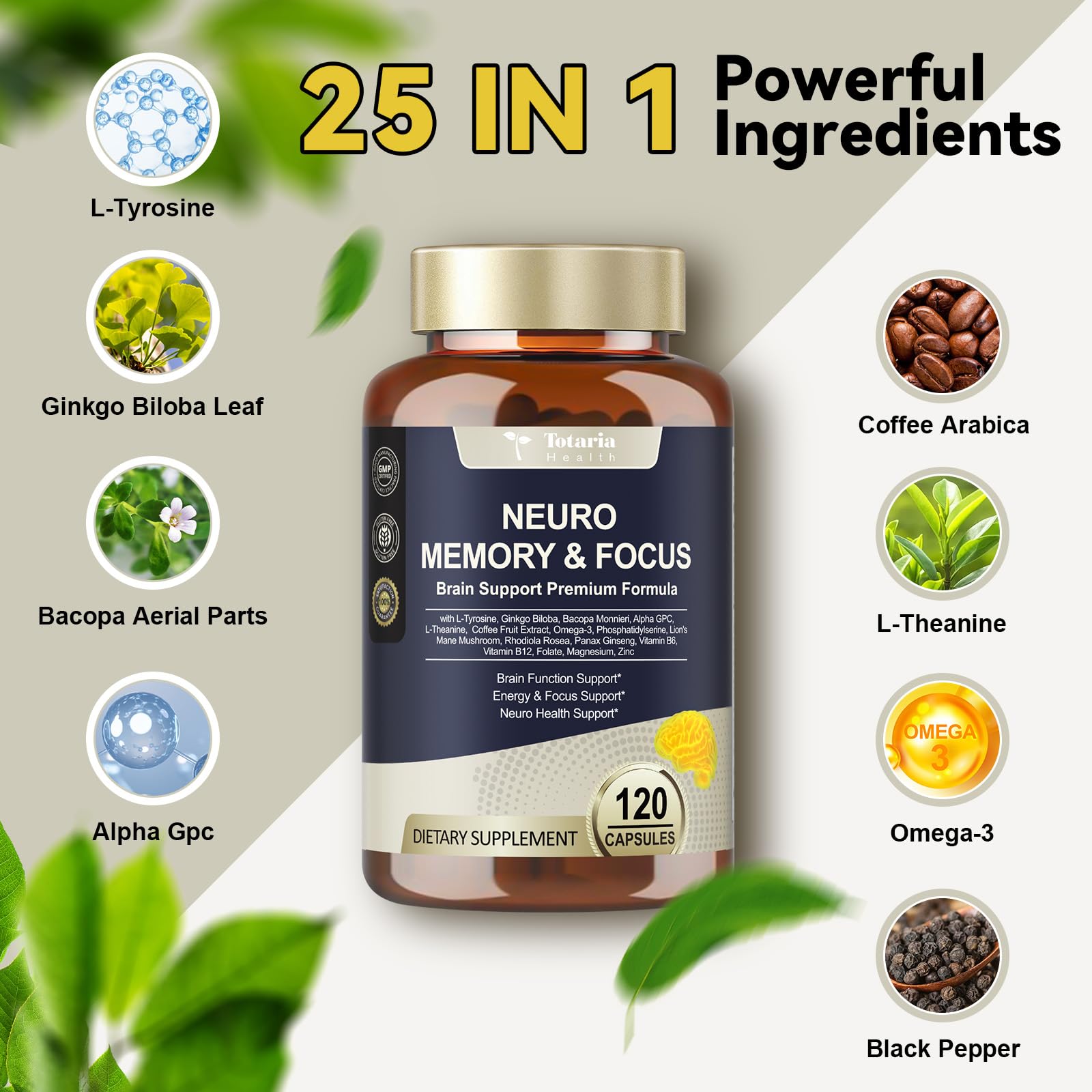 25 in 1 Brain Supplements for Memory and Focus & Neuro Health - Daily Brain Nootropic Cognitive Supplement with L-Tyrosine, Bacopa Monnieri, Ginkgo Biloba, Alpha GPC - Non-GMO, Gluten Free TotariaAu supplements