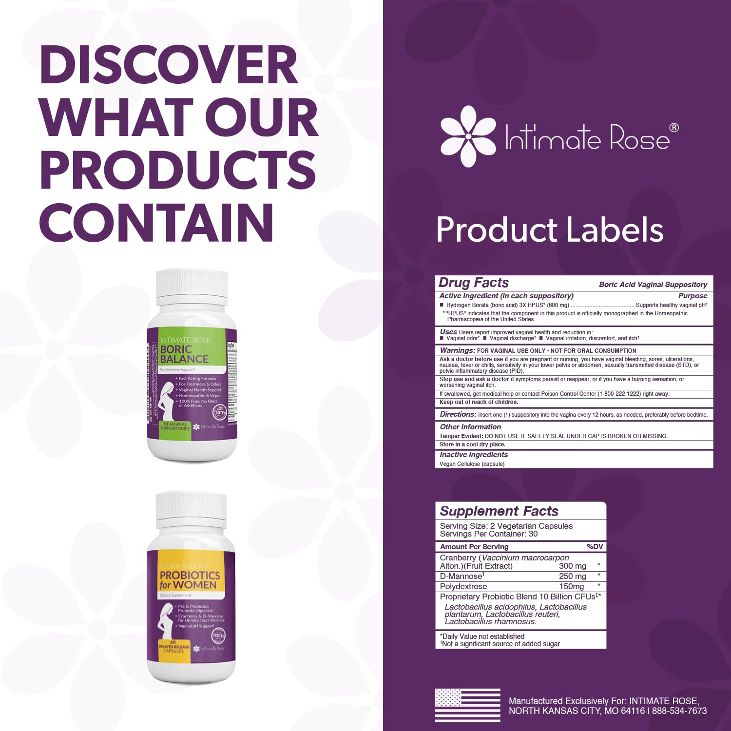Intimate Rose Combo Pack! Flora Bloom Probiotics for Women (One Bottle) and Boric Balance Boric Acid Intimate RoseAu supplements