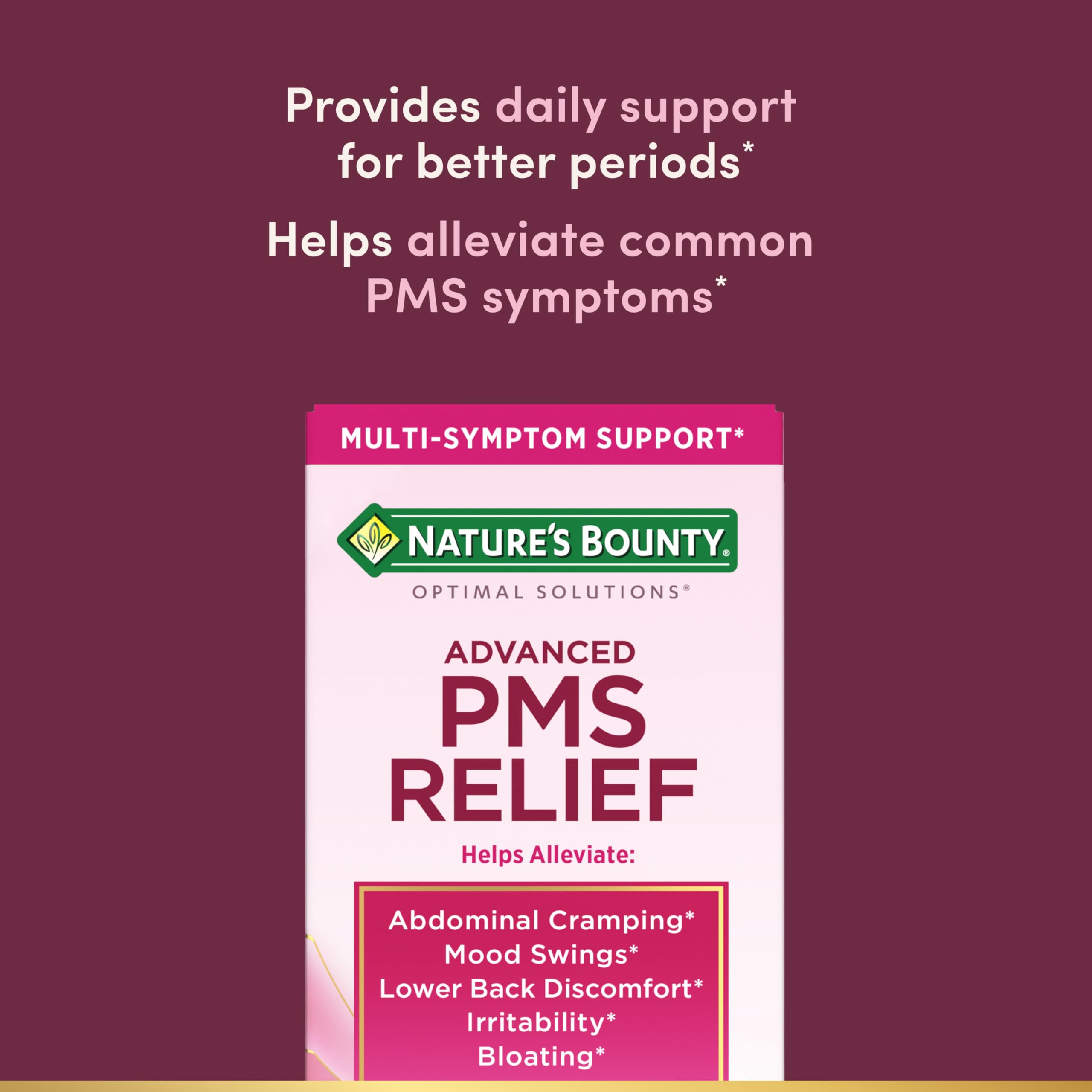 Nature’s Bounty Optimal Solutions Advanced PMS Relief for Menstrual Cycle Support, PMS Support Supplement for Women, Bloating Relief – Chasteberry, Hormone-Free, 60 Vegetarian Capsules Nature's BountyAu supplements