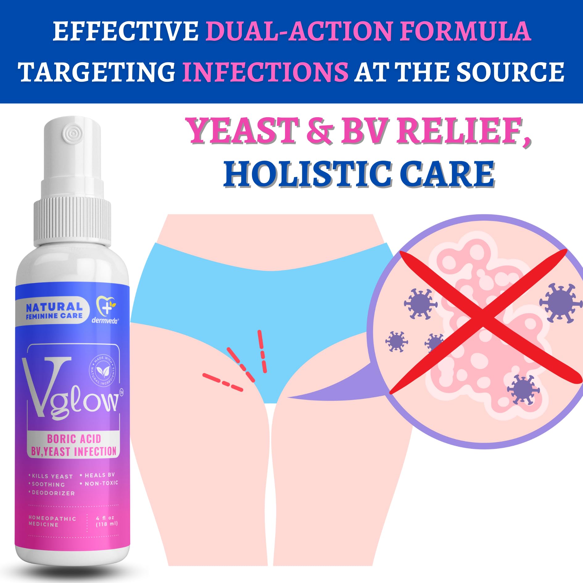 Dermveda Boric Acid BV Relief for Women - Natural Yeast Infection, Odor, Itch Relief Solution DermvedaAu supplements