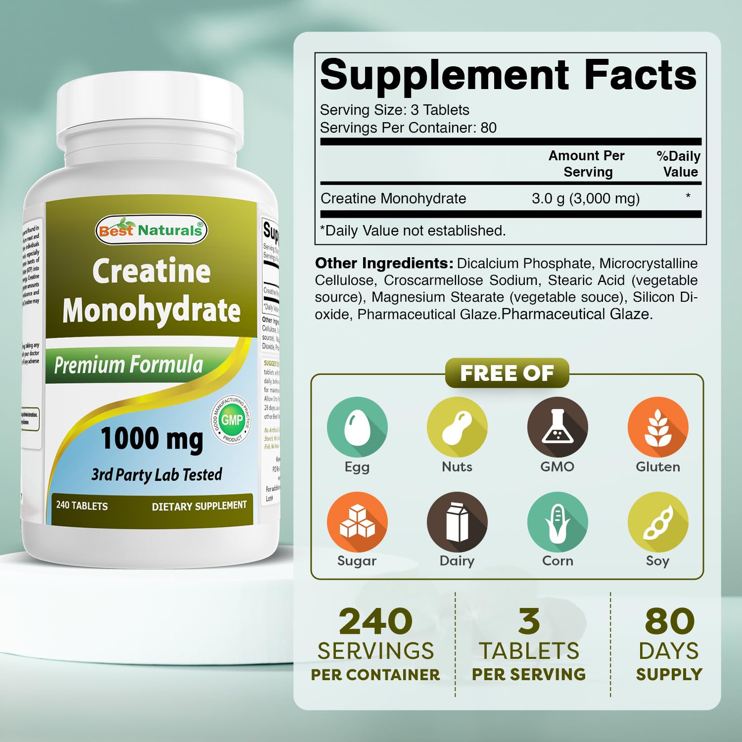 Best Naturals Creatine Monohydrate 1000 mg 240 Tablets Best NaturalsAu supplements