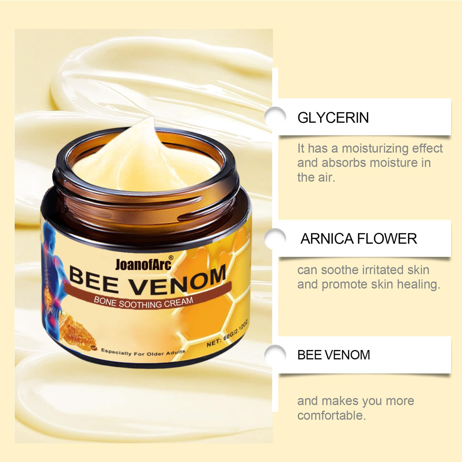 Bee Venom Joint Cream, Natural Bee Venom Skin Cream, Bee Venom Advanced Joint & Bone Cream, Suitable for Everyday Back, Waist, Neck, Hands, Knees, Light Non-Sticky for Men Women Aldult - 2.11 Oz/60g JoanofArcAu supplements