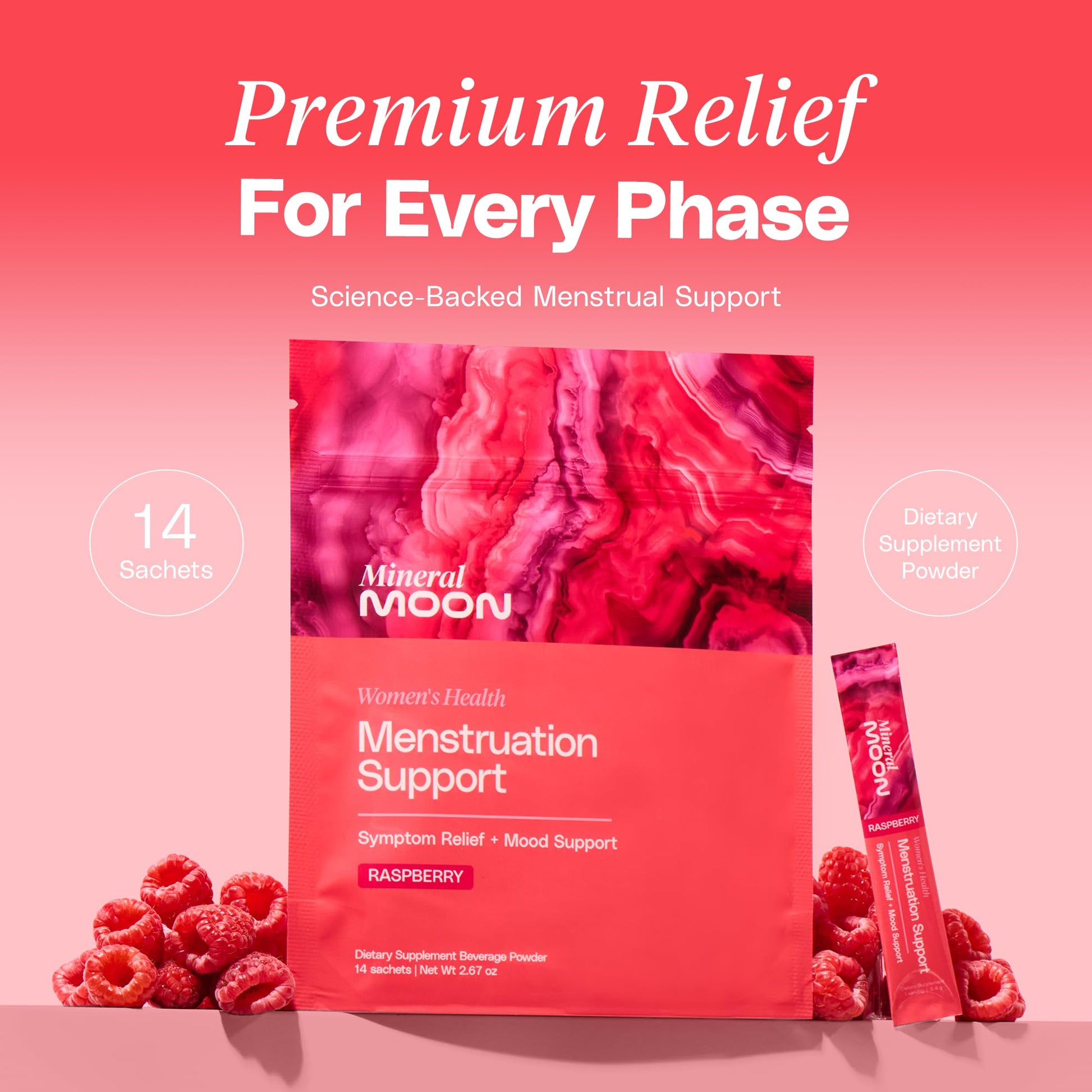 Mineral Moon Premium Menstruation Support - 14 Sachets Raspberry Drink - Hormonal Balance & PMS Support - Reduce Period Cramps, Fatigue & Nausea -with Magnesium Bisglycinate, BenfoPure B1 & Vitamin B6 Mineral MoonAu supplements