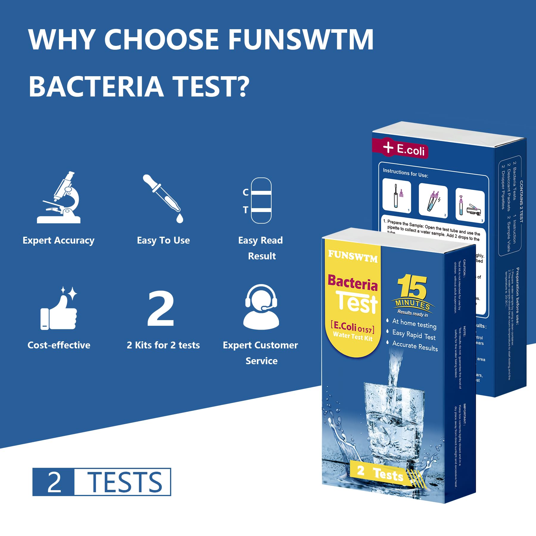 Bacteria Water Test Kit - Results as Fast as 15 MINS -Detects Coliform (Inc. E. coli) & Non-Coliform Bacteria in Drinking, Well Tap & Pool Water – 2 Pack FUNSWTMAu supplements