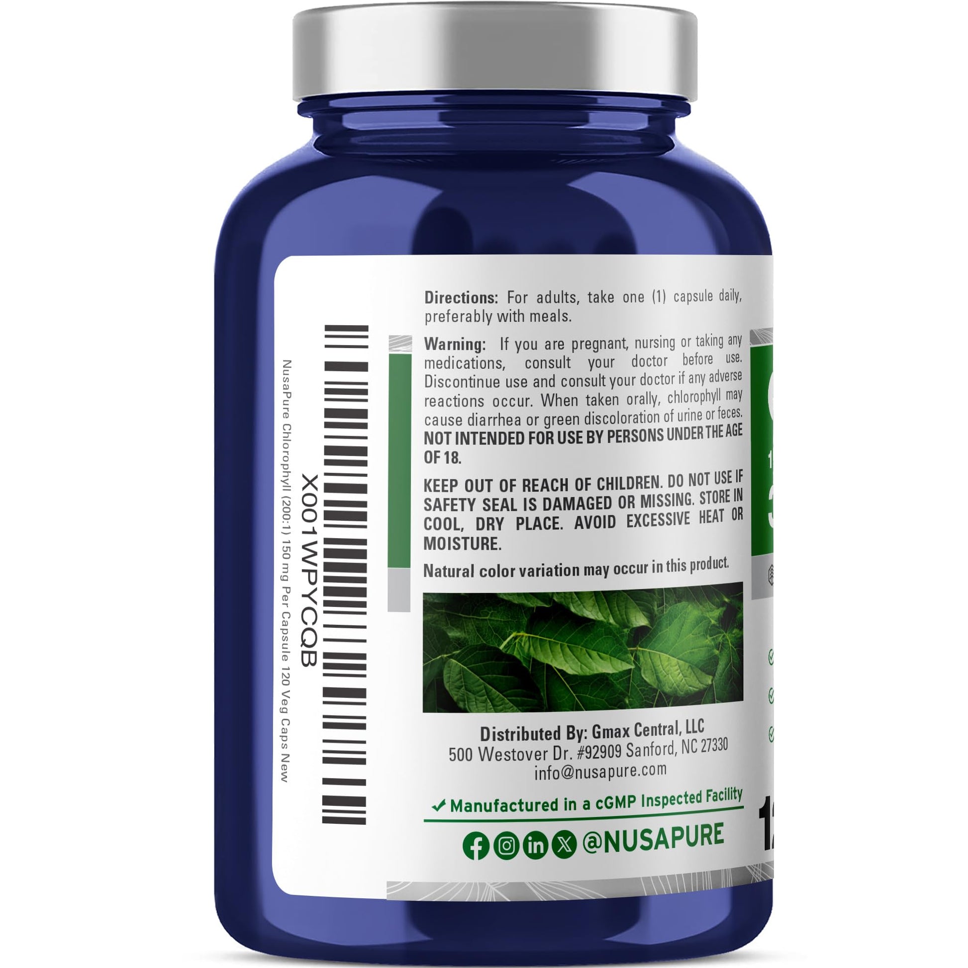 NusaPure Chlorophyll 200:1 Extract, 150 mg Equivalent to 30,000 mg per Capsule 120 Vegetarian Caps (Non-GMO, Vegan) NusaPureAu supplements