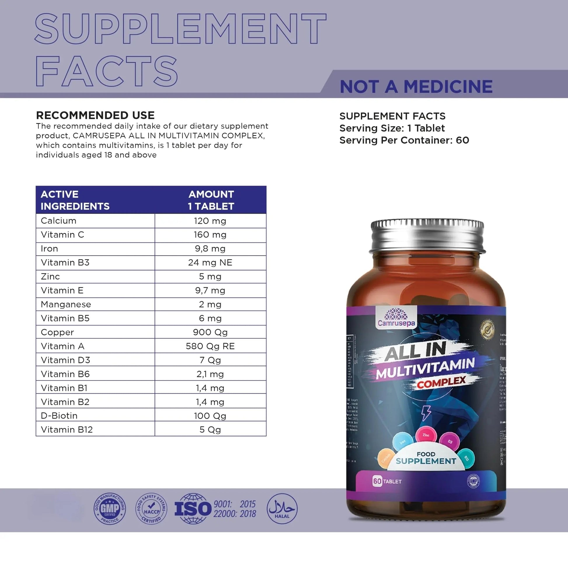 CAMRUSEPA All in Multivitamin Complex – Daily Tablet with Calcium, Iron, Zinc, Vitamin C, B Complex, D3, E, A & More – Complete Daily Nutritional Support for Adults CamrusepaAu supplements