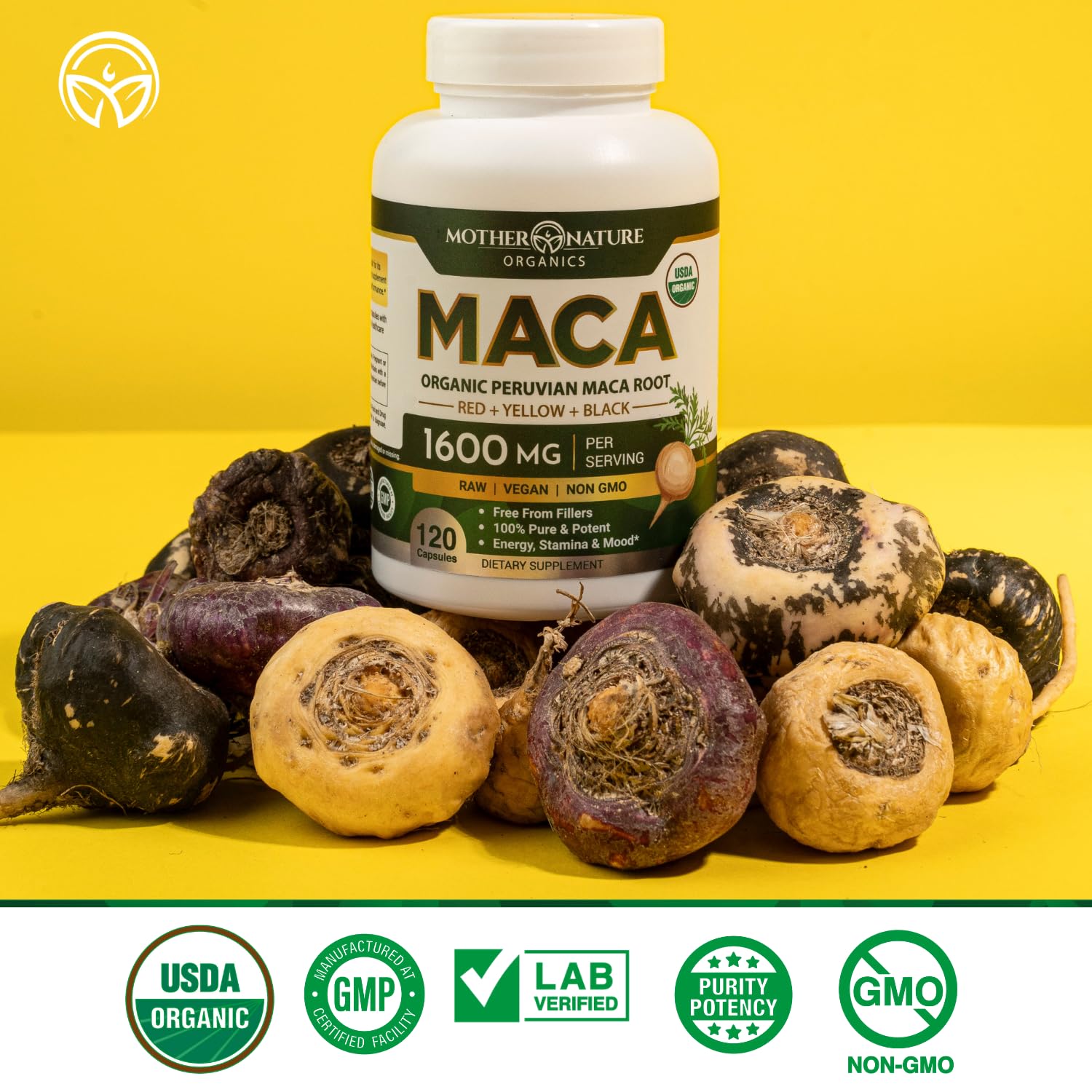Mother Nature Organic Maca Root Capsules – 1600mg, 120 Vegan Capsules – Non GMO Peruvian Yellow, Red & Black Maca for Men & Women - Energy, Hormone, Brain & Weight Well-Being Mother Nature Organics Superfoods for Organic LivingAu supplements