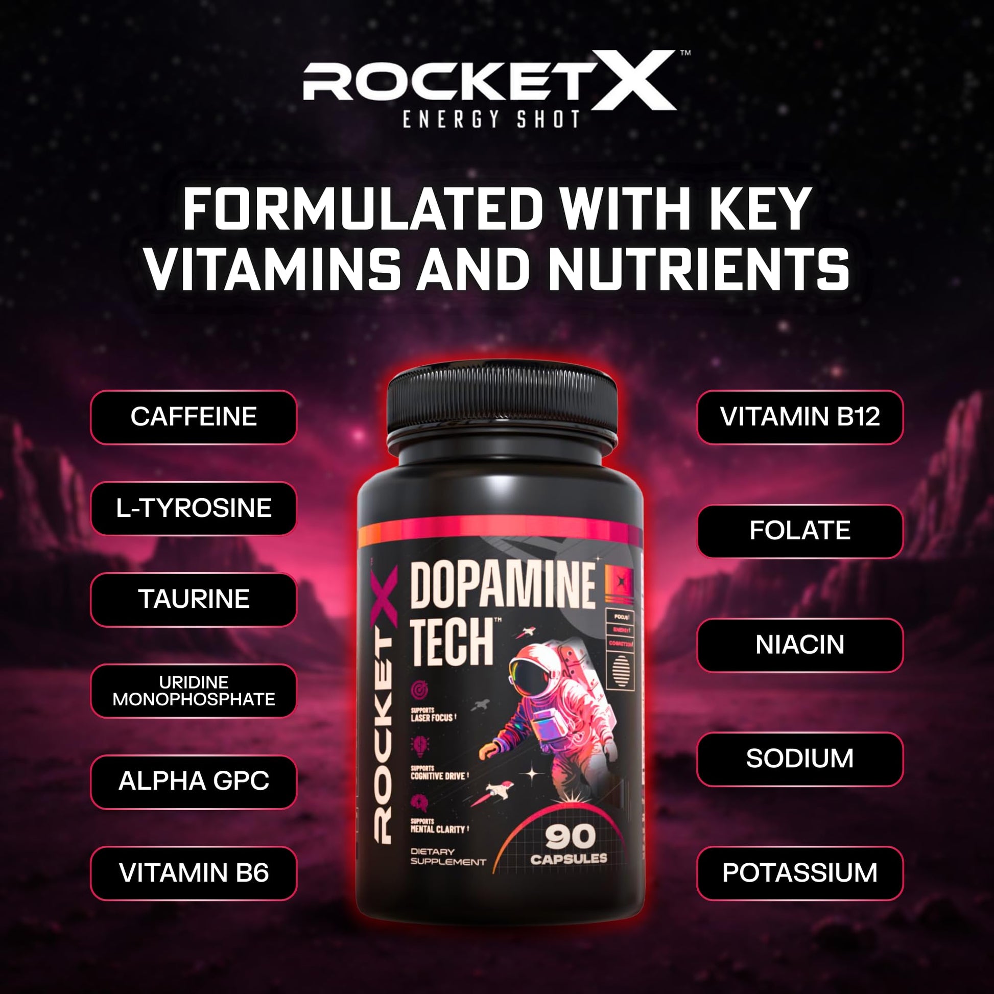 RocketX Dopamine Tech Brain Food Supplement, with L-Tyrosine and B Vitamins for Focus, Mental Clarity and Cognitive Drive, Vegan Capsules, 90 Capsules RocketX EnergyAu supplements