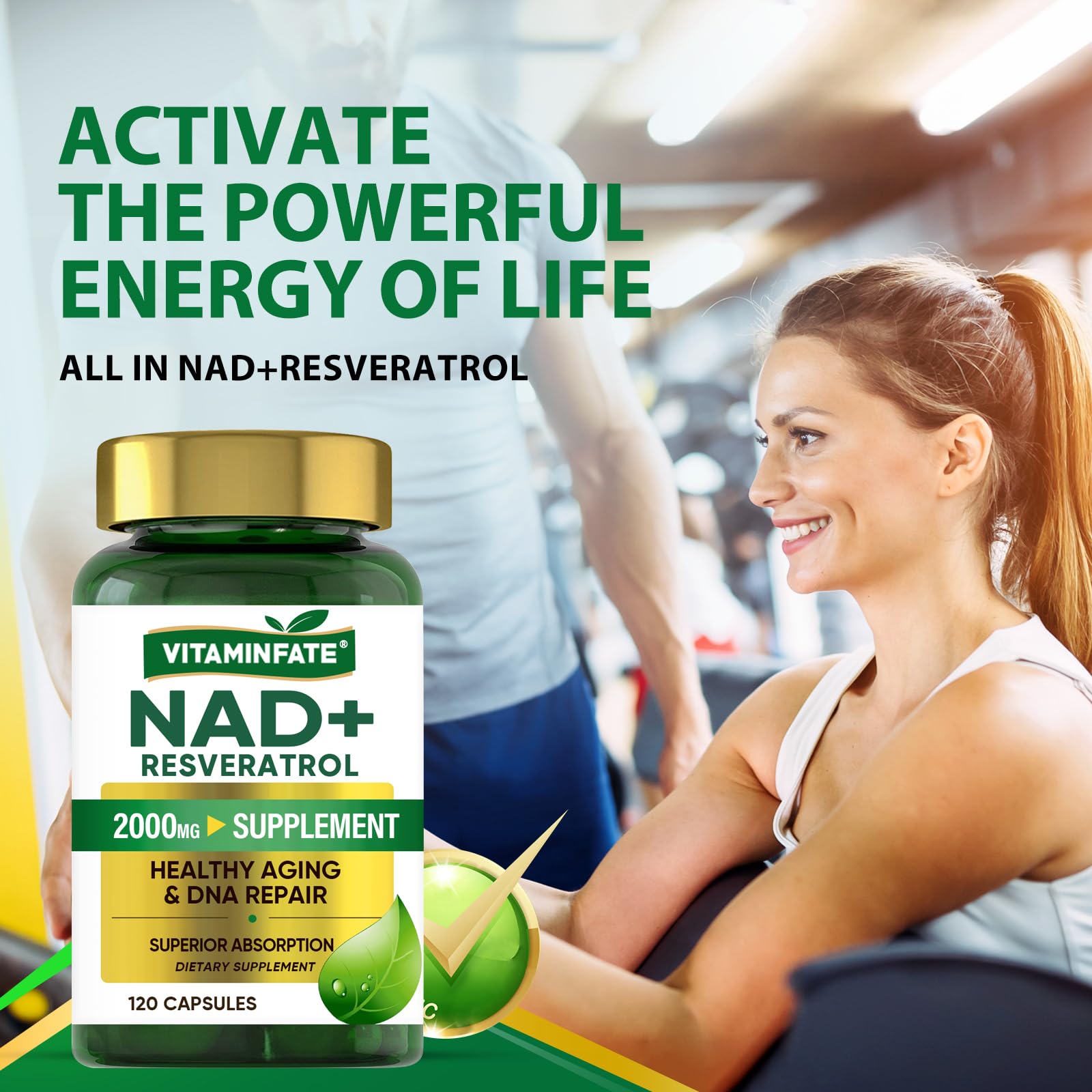 VITAMINFATE NAD+ Supplement 2000 mg - 120 Capsules True NAD+ & Resveratrol, NMN Alternative Supports Anti-Aging, Cellular Energy & Repair, Metabolism & Brain Boost for Men & Women VITAMINFATEAu supplements
