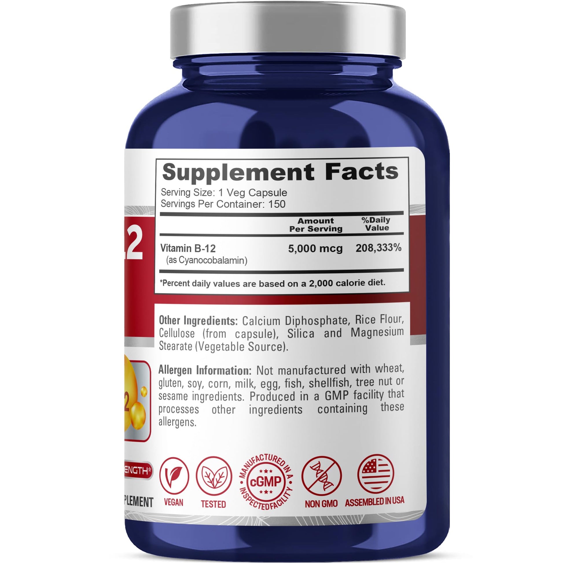 NusaPure Vitamin B12-5000 MCG 150 Veggie Capsules (Non-GMO, Vegan) - Max Strength Vitamin B12 NusaPureAu supplements