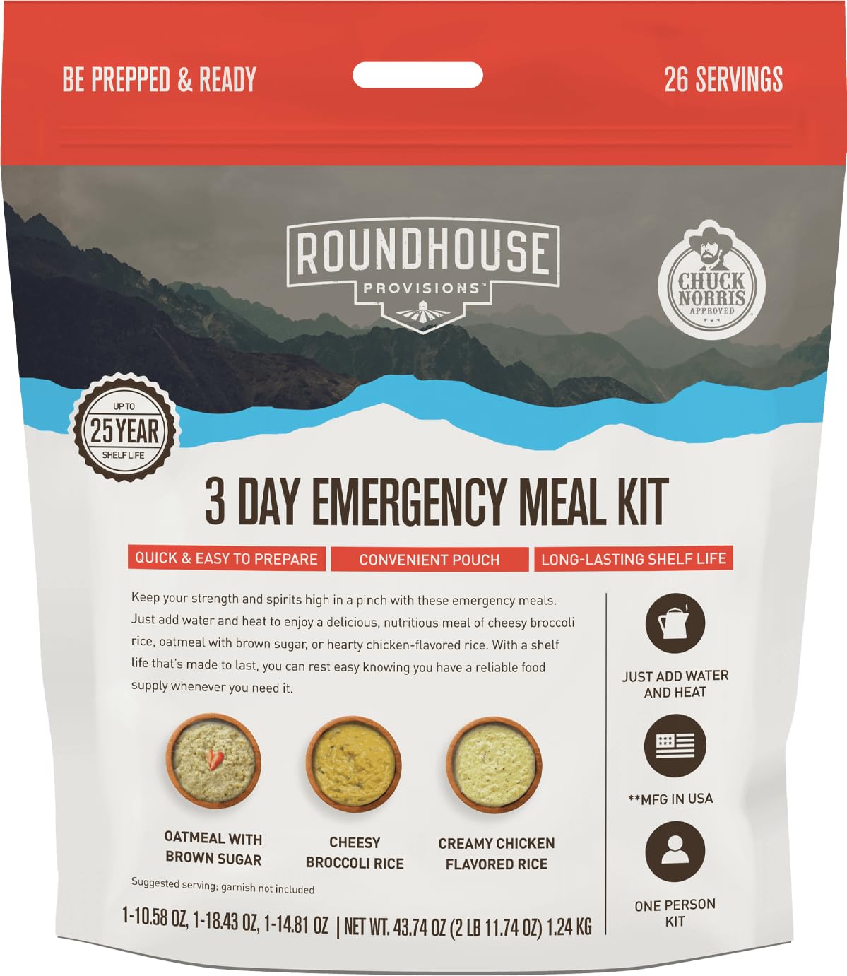 by Chuck Norris Roundhouse Provisions 3 Day, 26 servings Emergency Meal Kit, Grab-and-Go, Premade, Disaster Prep, Hiking, Survival, Adventure, Camping Food, 25 Year Shelf Life. ROUNDHOUSE PROVISIONAu supplements