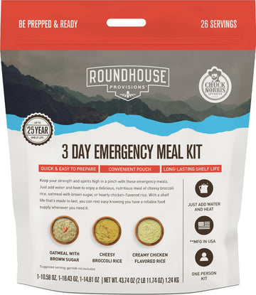 by Chuck Norris Roundhouse Provisions 3 Day, 26 servings Emergency Meal Kit, Grab-and-Go, Premade, Disaster Prep, Hiking, Survival, Adventure, Camping Food, 25 Year Shelf Life. ROUNDHOUSE PROVISIONAu supplements