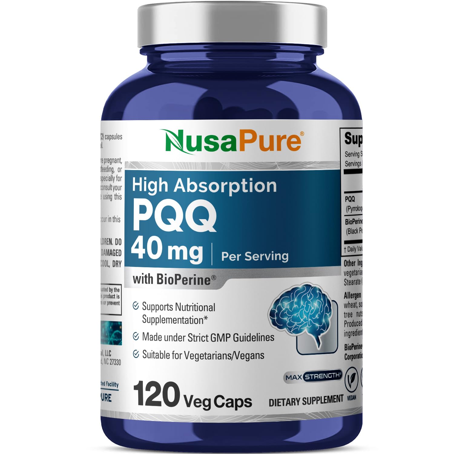 NusaPure PQQ Supplement 40 mg, 120 Veggie Capsules, Non-GMO, Pyrroloquinoline Quinone Disodium Salt, Bioperine & Vegan NusaPureAu supplements