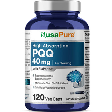 NusaPure PQQ Supplement 40 mg, 120 Veggie Capsules, Non-GMO, Pyrroloquinoline Quinone Disodium Salt, Bioperine & Vegan NusaPureAu supplements