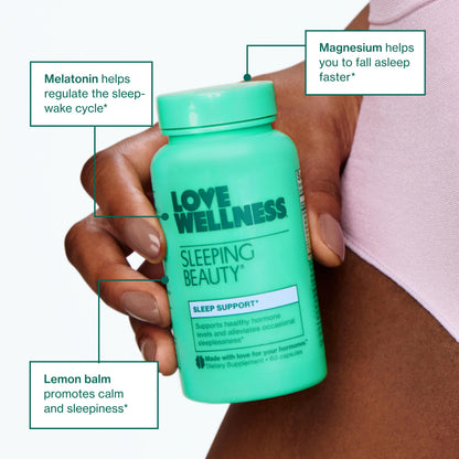 Love Wellness Sleeping Beauty | Sleep Support with Melatonin, Magnesium & L-Theanine | Promotes Restful Sleep, Relaxation & Calmness | Organic Valerian Root Powder & Lemon Balm | 60 Count Love WellnessUS supplements