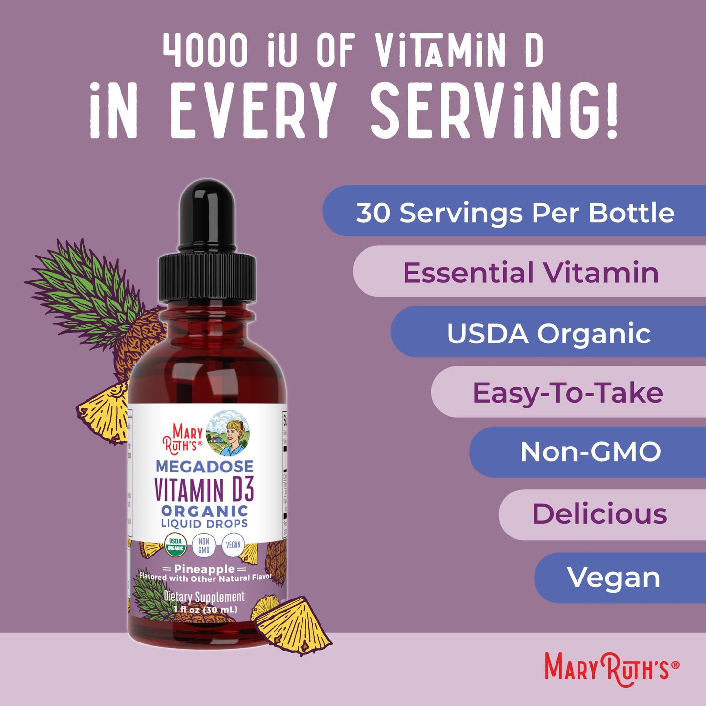 MaryRuth Organics Vitamin D3 Liquid Drops | Megadose 4000 IU | USDA Organic Liquid Vitamin D Spray for Adults & Kids | Immune Support & Bone Health | Vegan | Gluten Free | Non-GMO | 30 Servings MARYRUTH'SUS supplements