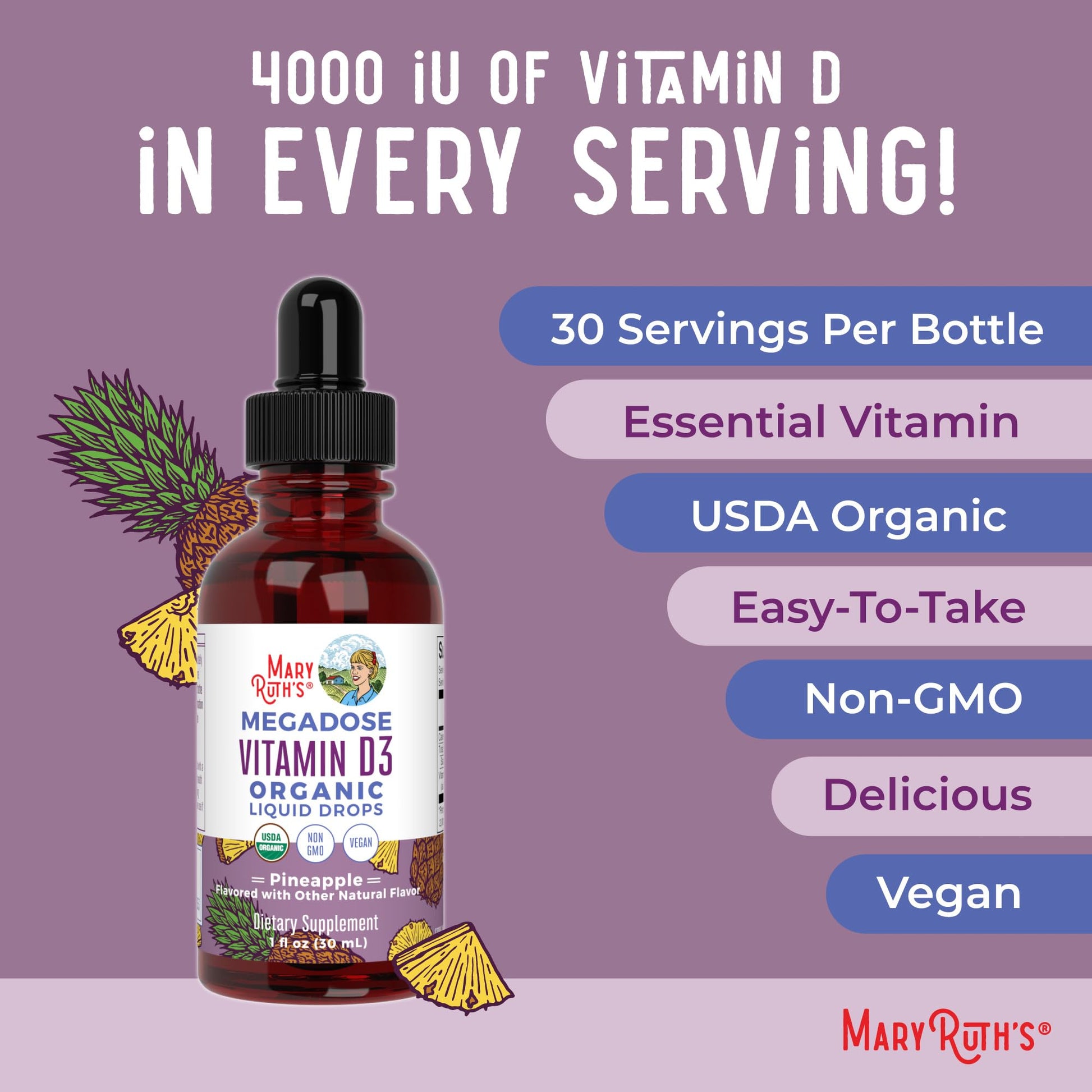 MaryRuth Organics Vitamin D3 Liquid Drops | Megadose 4000 IU | USDA Organic Liquid Vitamin D Spray for Adults & Kids | Immune Support & Bone Health | Vegan | Gluten Free | Non-GMO | 30 Servings MARYRUTH'SUS supplements