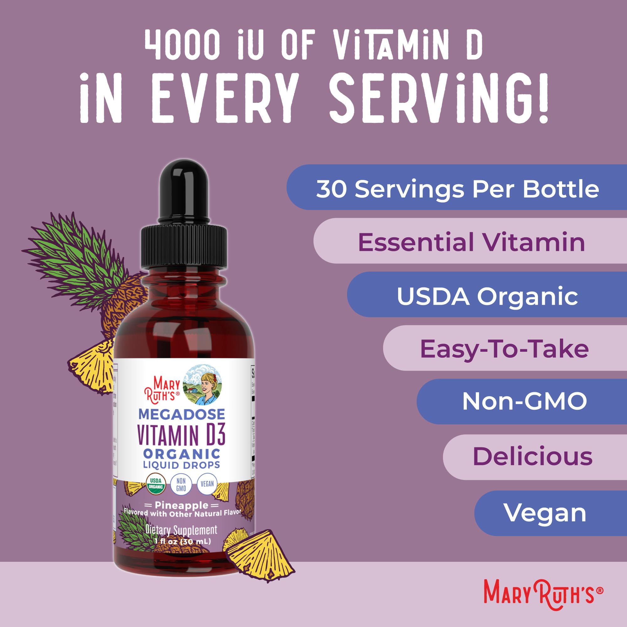 MaryRuth Organics Vitamin D3 Liquid Drops | Megadose 4000 IU | USDA Organic Liquid Vitamin D Spray for Adults & Kids | Immune Support & Bone Health | Vegan | Gluten Free | Non-GMO | 30 Servings MARYRUTH'SUS supplements