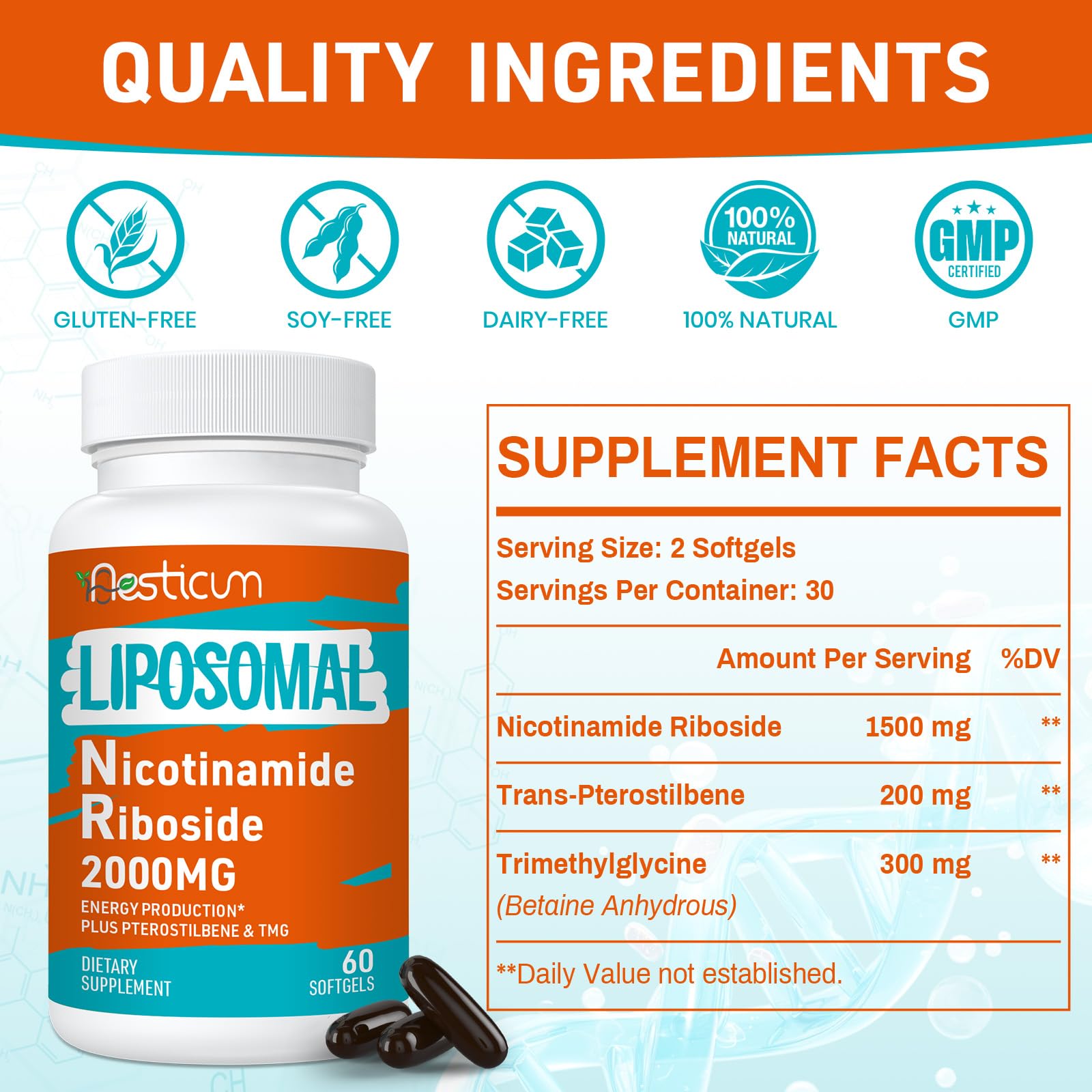 Aesticum 2000 MG Nicotinamide Riboside, NMNH Supplement Alternative, Liposomal Nicotinamide Riboside Supplement with TMG & Pterostilbene - NAD*, Energy, Focus, Immunity, Age Resist - 120 Softgels AesticumAu supplements