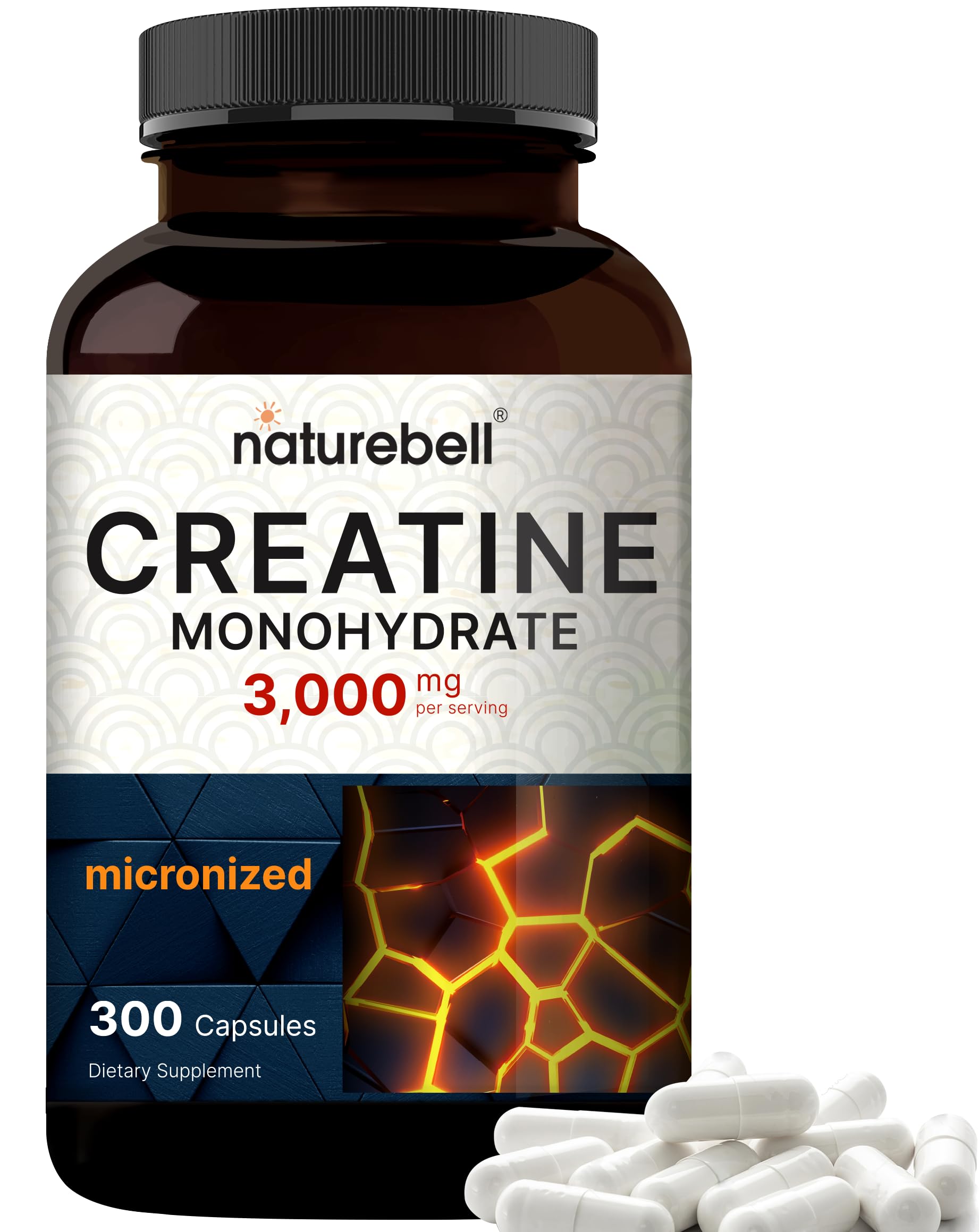 Creatine Monohydrate 3,000mg Per Serving, 300 Capsules – Micronized – Unflavored NatureBellUS supplements