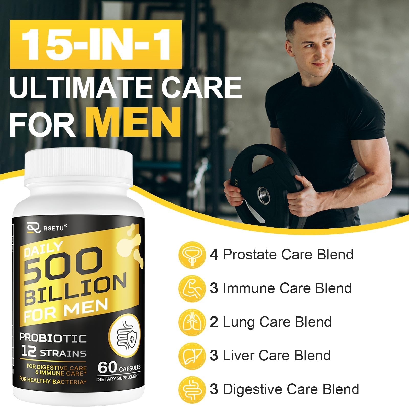 Probiotics for Men, 500 Billion CFUs & 12 Strains Mens Probiotic with Turmeric Cranberry, Goji, Gut Health for Men, for Digestive Health, Gut, Bloating & Gas, Immune, Energy Support, 120-Day Supply RSETUAu supplements