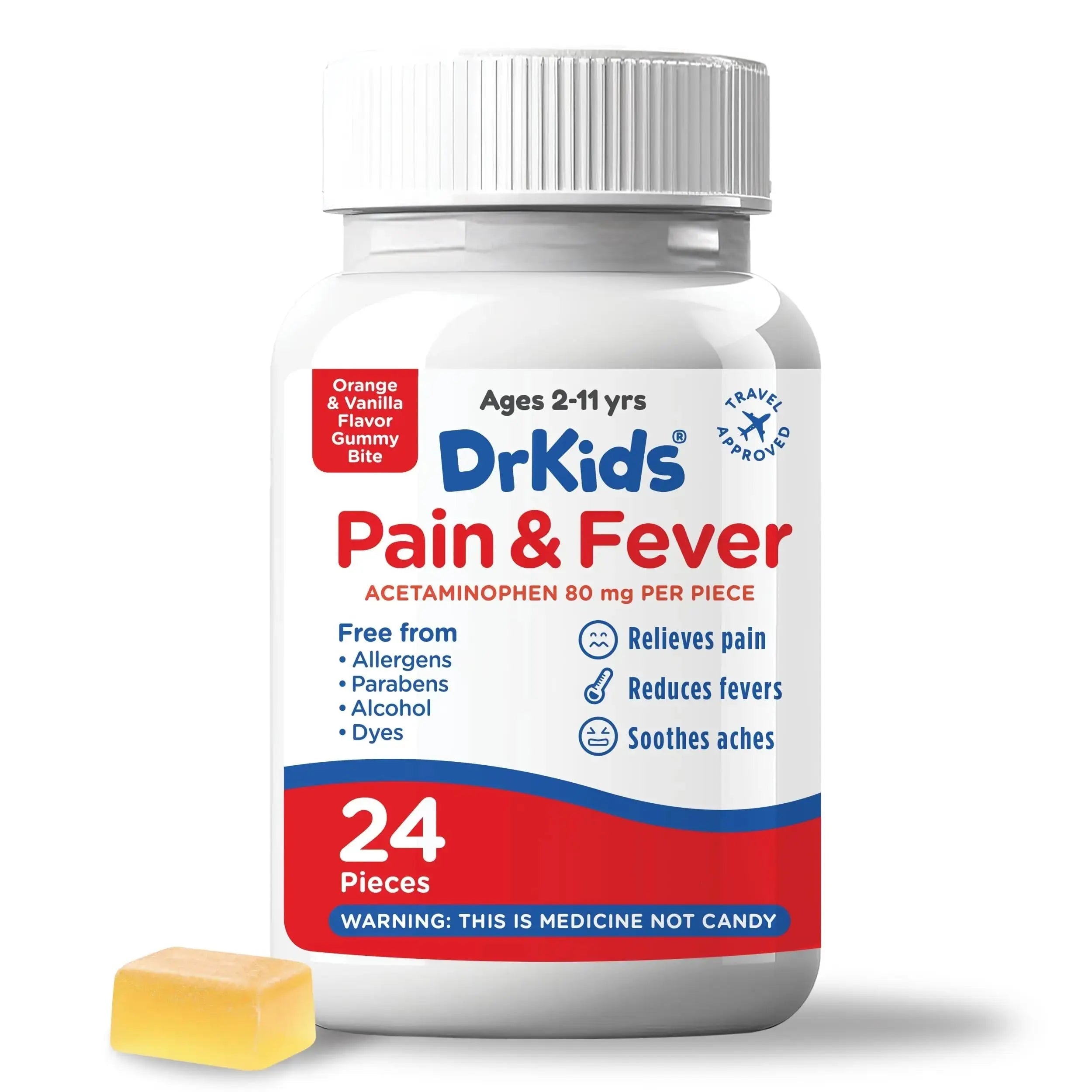 Dr. Kids Children’s Pain and Fever Gummy Bite - Chewable Acetaminophen for Kids Ages 2-11, Pre-Measured Soft Chews for Headache, Sore Throat, Cold and Flu, Orange Vanilla Flavor, 24 Count Dr. KidsAu supplements