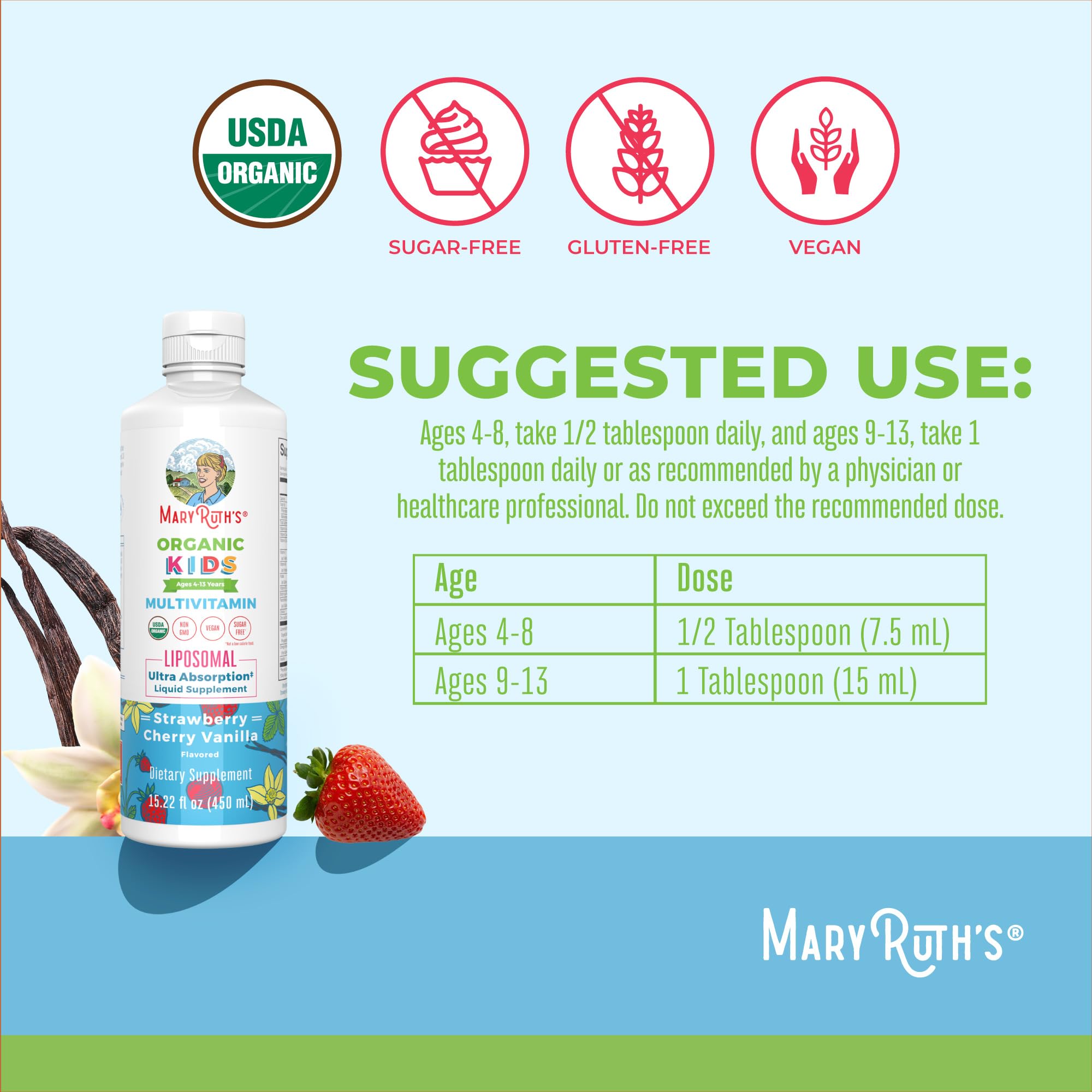 MaryRuth Organics Kids Multivitamin Liposomal | Vegan, Sugar-Free Vitamins for Kids | Ages 4+ | 2 Month Supply | 15.22 Fl Oz MaryRuth OrganicsAu supplements
