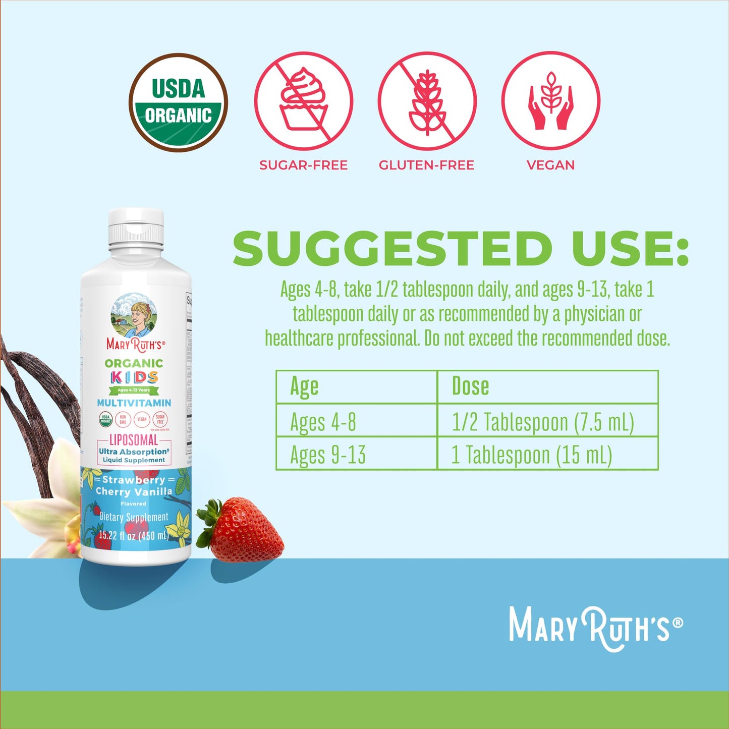 MaryRuth Organics Kids Multivitamin Liposomal | Vegan, Sugar-Free Vitamins for Kids | Ages 4+ | 2 Month Supply | 15.22 Fl Oz MARYRUTH'SUS supplements