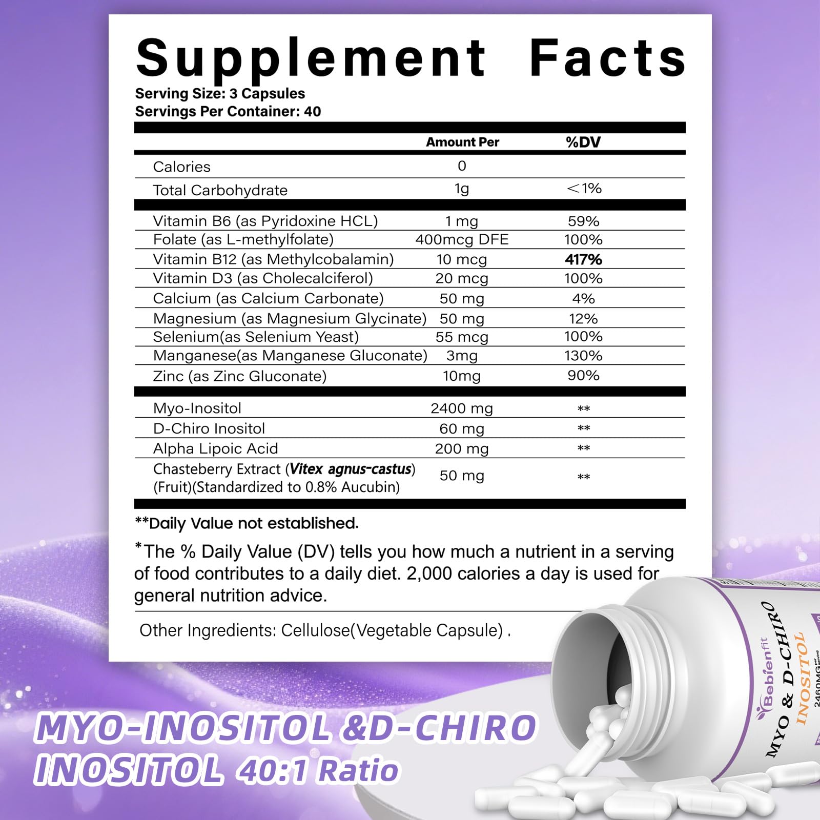 13-in-1 Myo Inositol & D-Chiro Inositol for Women PCOS,Hormonal Balance,2460mg-40:1 Ratio,Ovarian Health&Cycle Support Supplement Plus Alpha Lipoic Acid/Folate/Vitex/Magnesium/Multivitamin,120 Veg Cap Bebien fitAu supplements