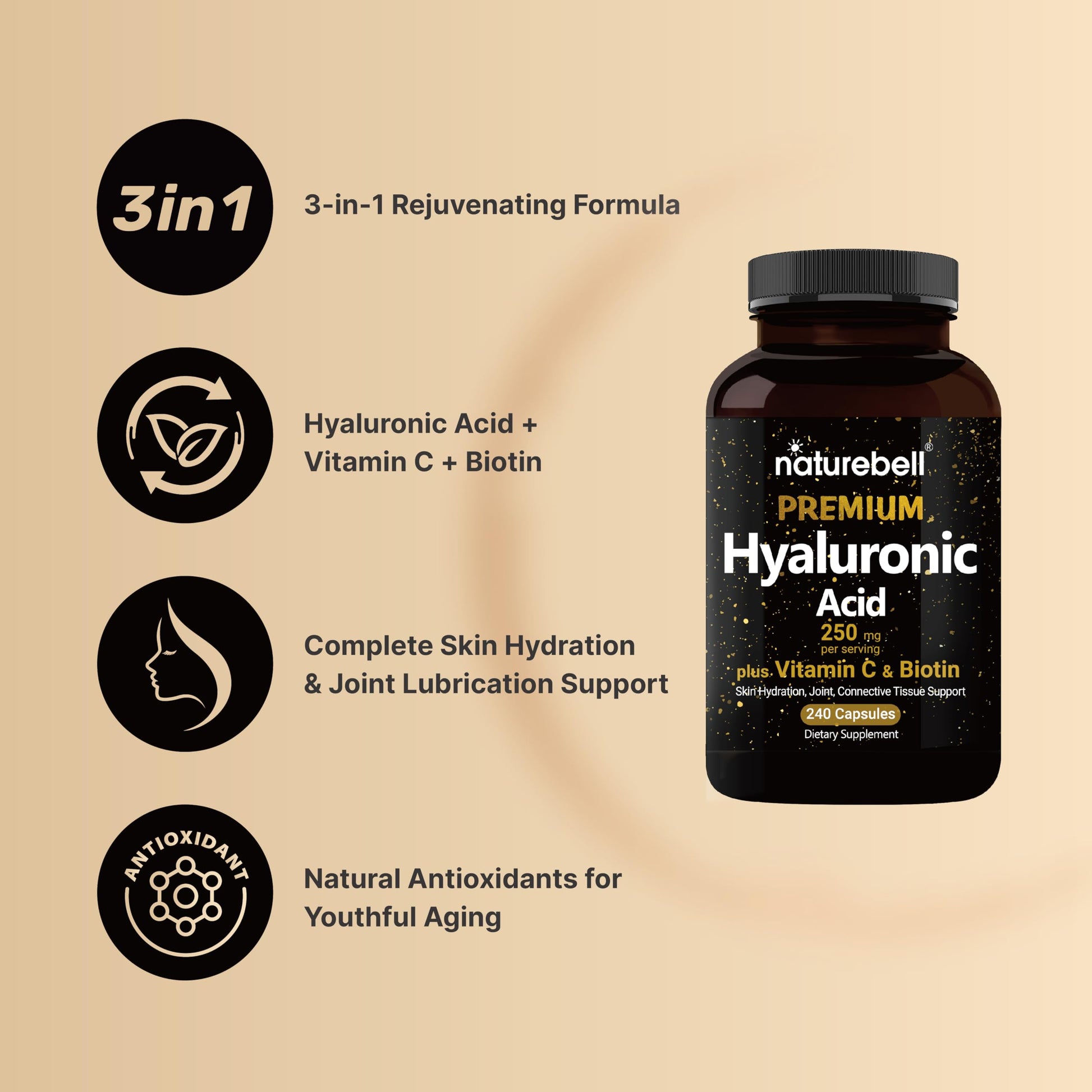 NatureBell Hyaluronic Acid Supplements 250mg | 240 Capsules, with Biotin 5000mcg NatureBellAu supplements