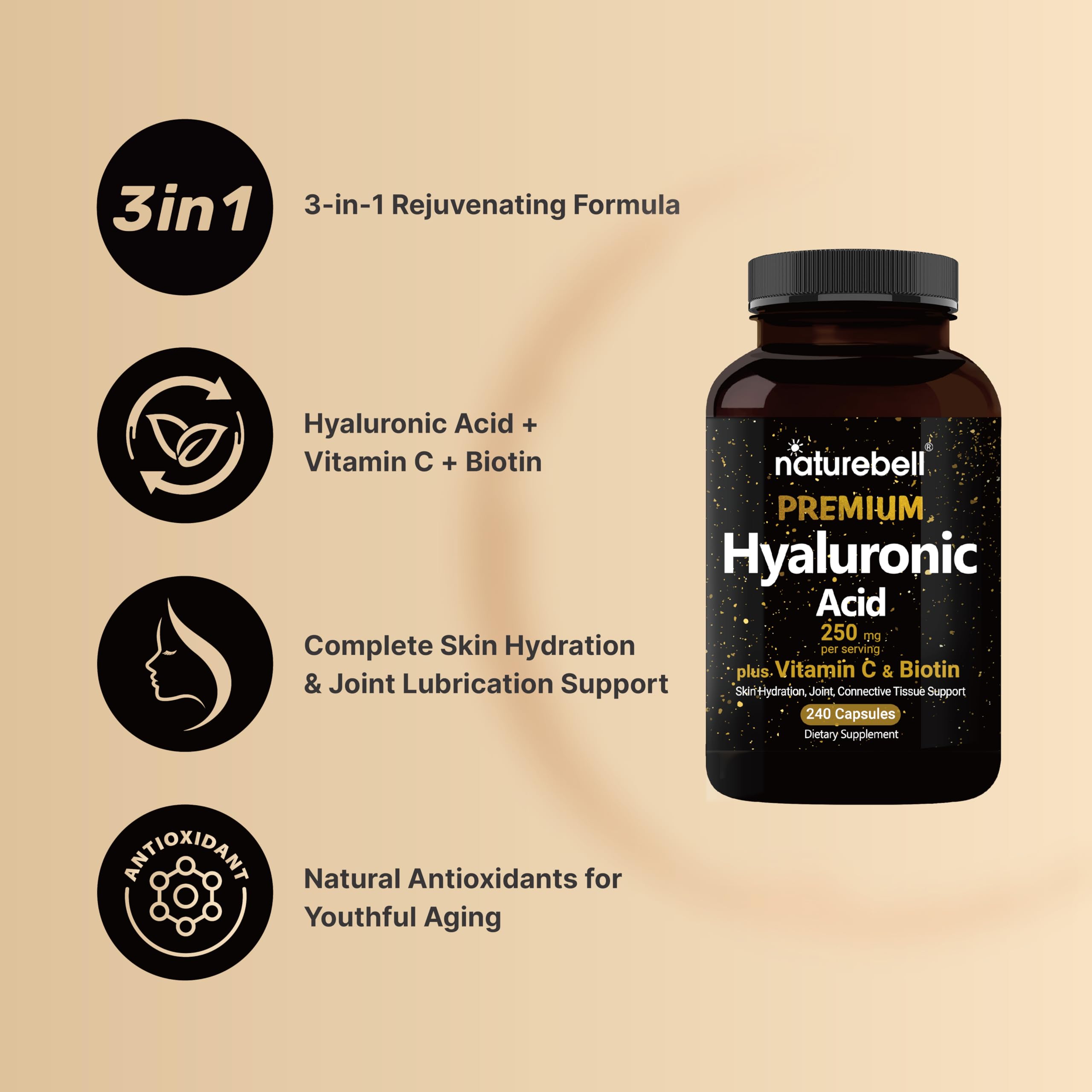 NatureBell Hyaluronic Acid Supplements 250mg | 240 Capsules, with Biotin 5000mcg NatureBellAu supplements