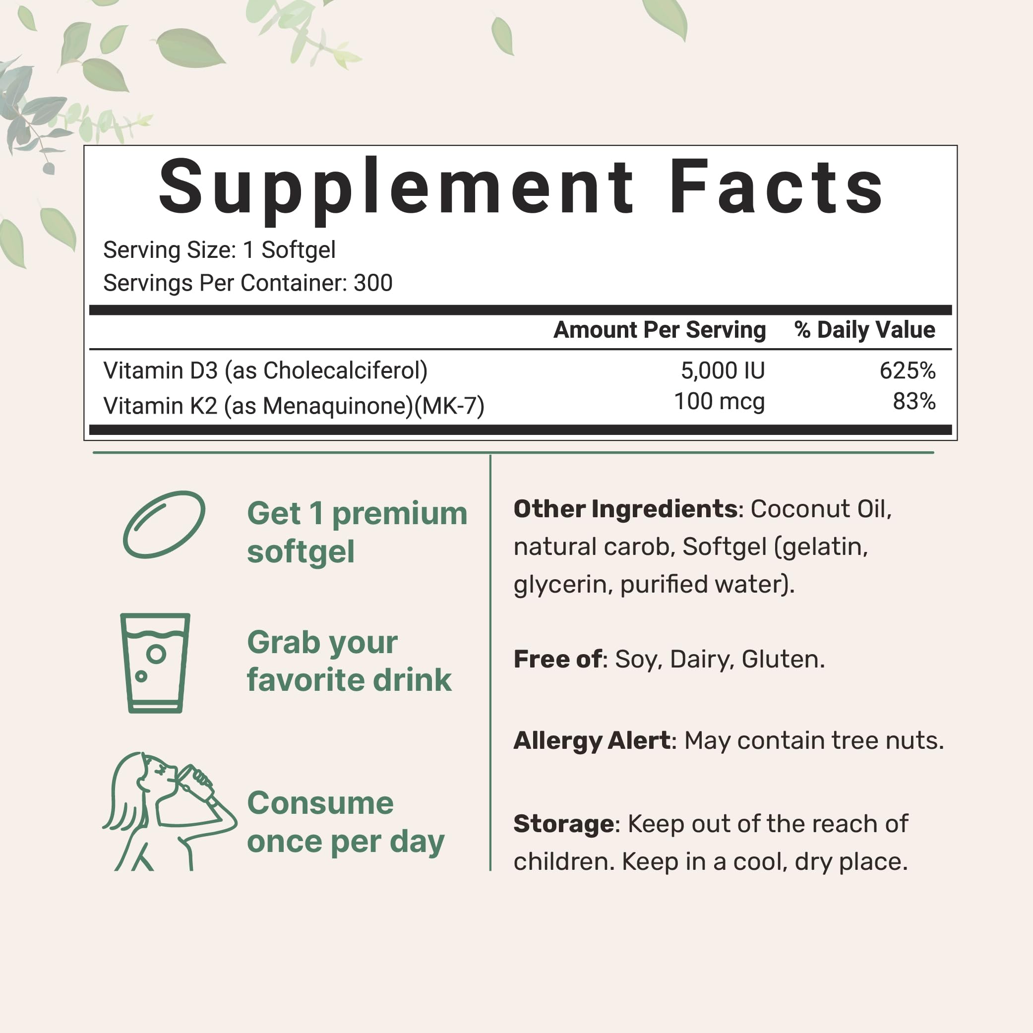 Vitamin D3 5000 IU Plus K2 (MK-7) 100 mcg, 300 Virgin Coconut Oil Softgels Micro IngredientsAu supplements