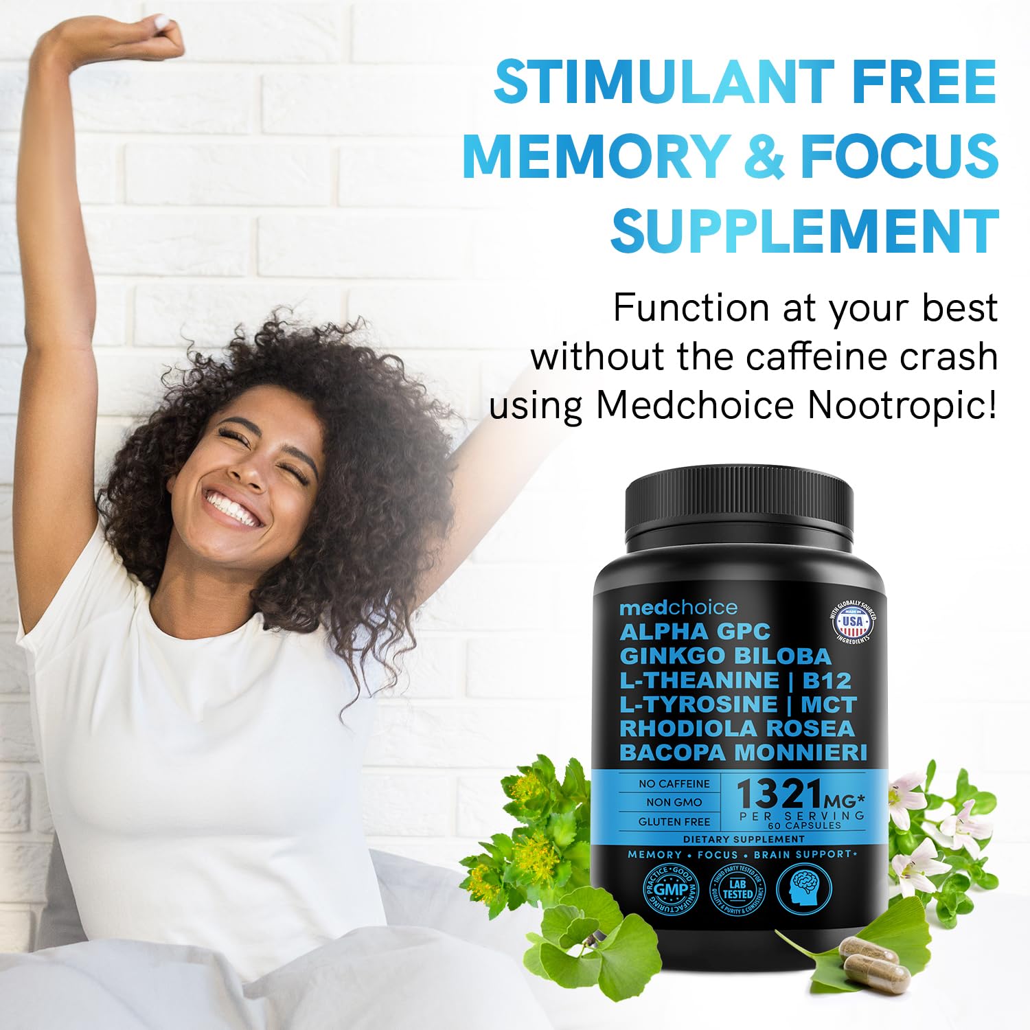 12-in-1 Nootropic Brain Supplement Anhydrous: Ginkgo Biloba for Brain Support, Memory and Focus - B12, Alpha GPC, L Theanine and Choline Supplements with Bioperine non Caffeinated 1321mg (120ct) MEDCHOICEAu supplements