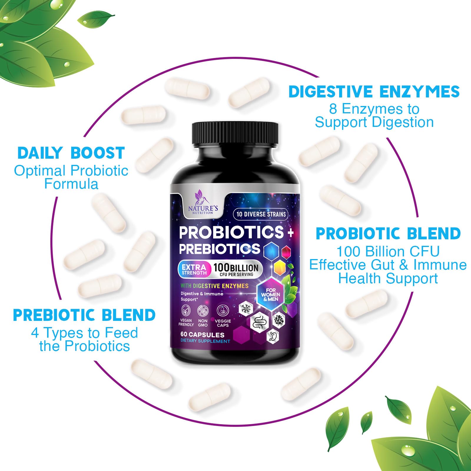 Probiotics 100 Billion CFU Per Serving - 10 Probiotic Strains & Prebiotics - Digestive Gut Health, Immune Support & Occasional Constipation, Gas & Bloating - Daily Supplement For Adults - 60 Capsules Nature's NutritionAu supplements