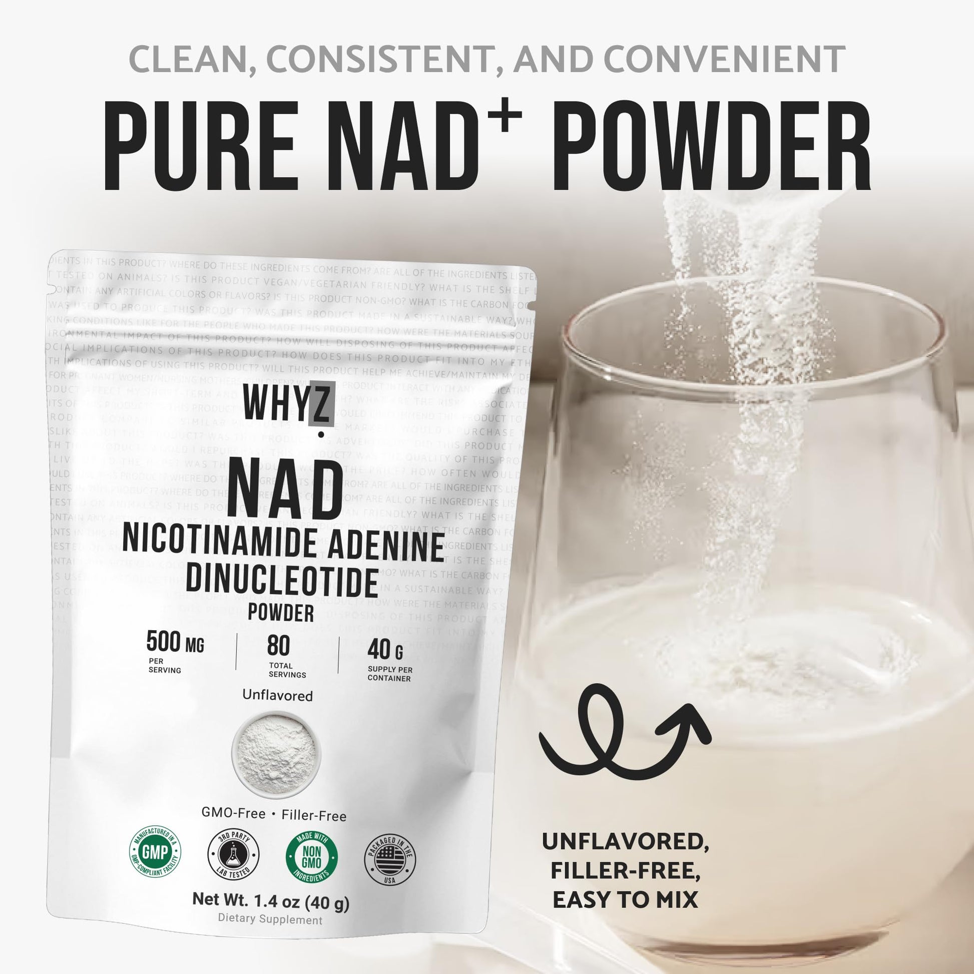 Pure NAD Powder Nicotinamide Adenine Dinucleotide Supplement Unflavored and Gluten-Free Premium Pure NAD Powder for Daily Wellness and Nutrition Support, 40g WHYZAu supplements