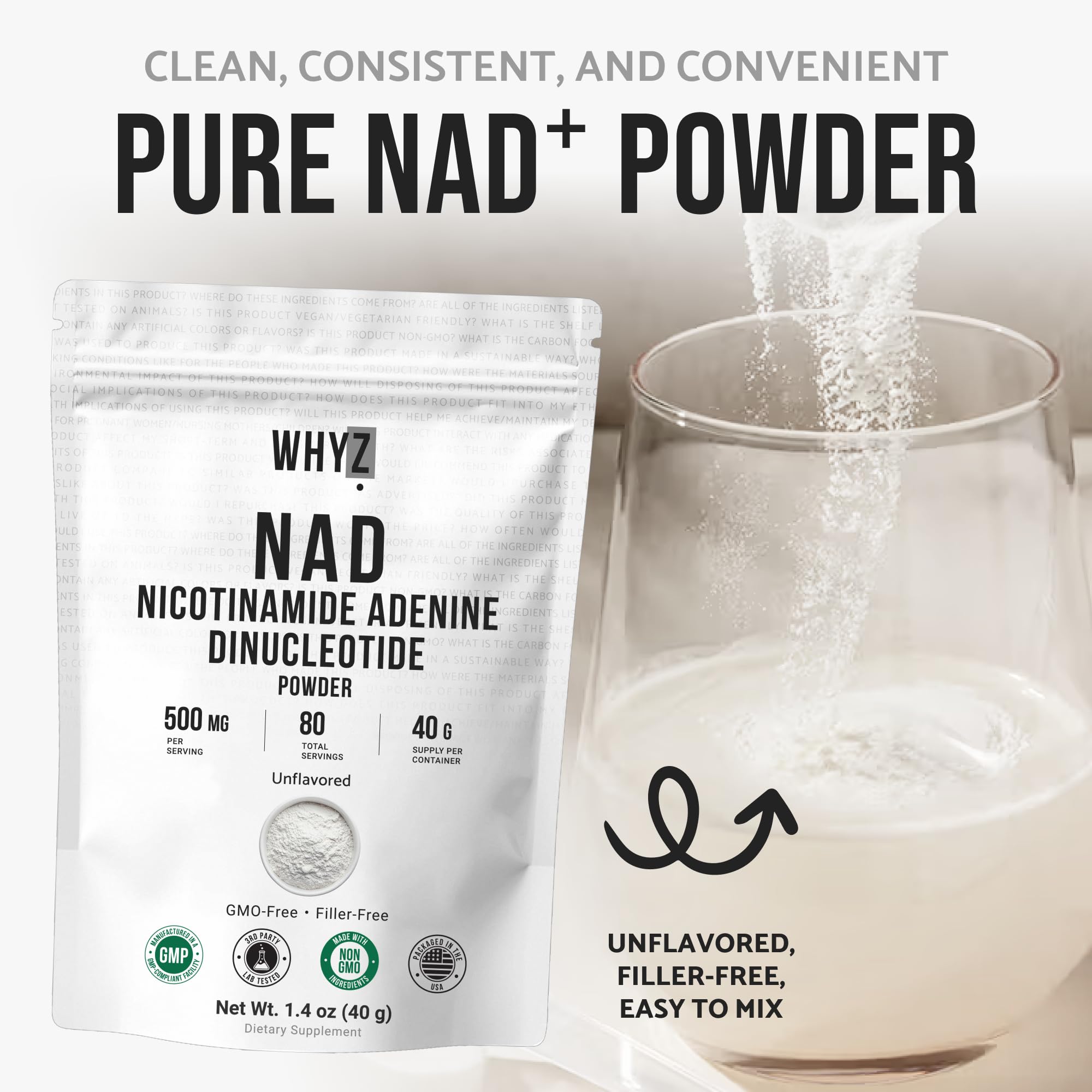 Pure NAD Powder Nicotinamide Adenine Dinucleotide Supplement Unflavored and Gluten-Free Premium Pure NAD Powder for Daily Wellness and Nutrition Support, 40g WHYZAu supplements