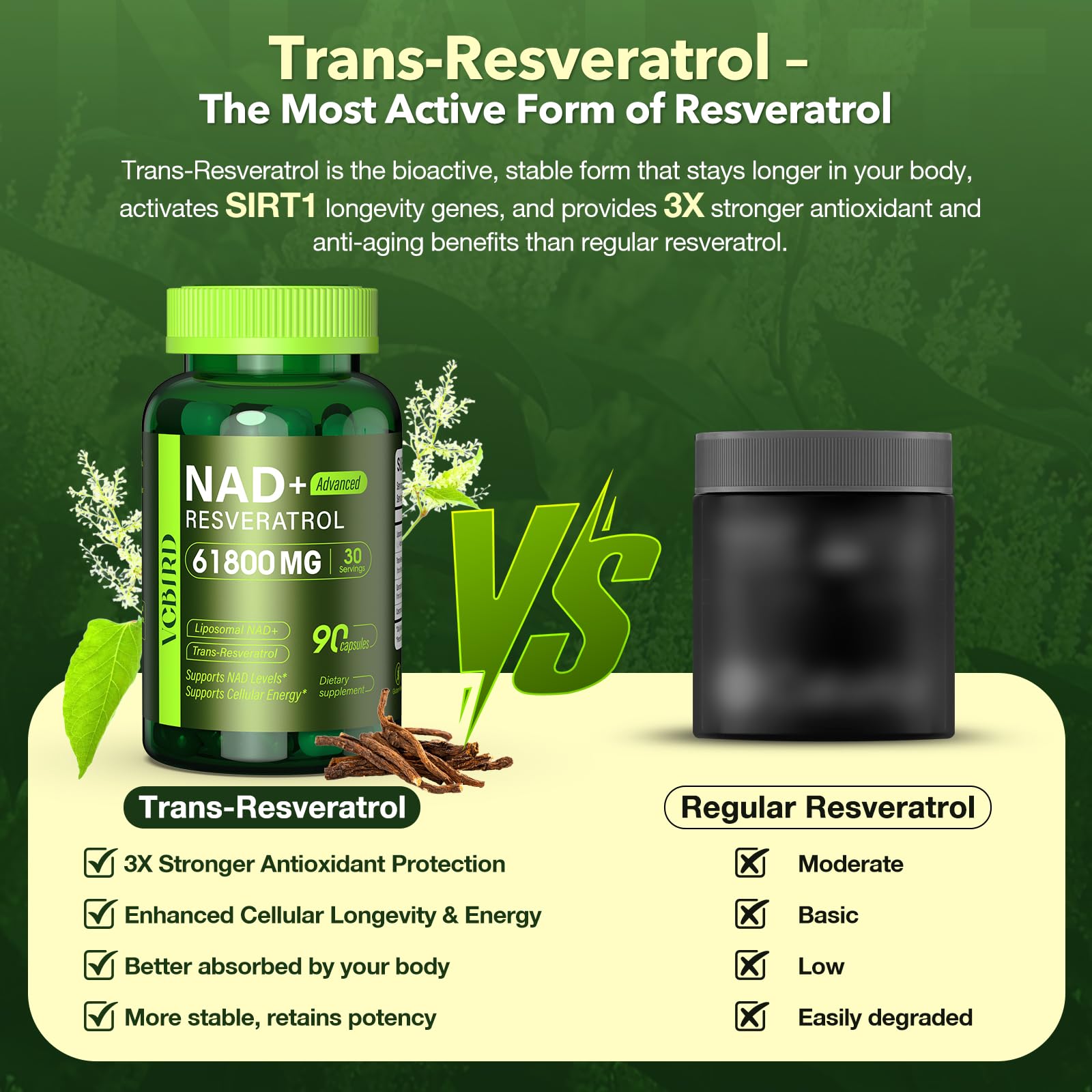 Nad Resveratrol Supplement 61800mg Per Bottle – Liposomal Nad+ Resveratrol for Women & Men – High Purity 1200mg Nad+ Supplement for Energy & Healthy Aging, Resveratrol, Quercetin, CoQ10 – 90 Counts VCBIRDAu supplements