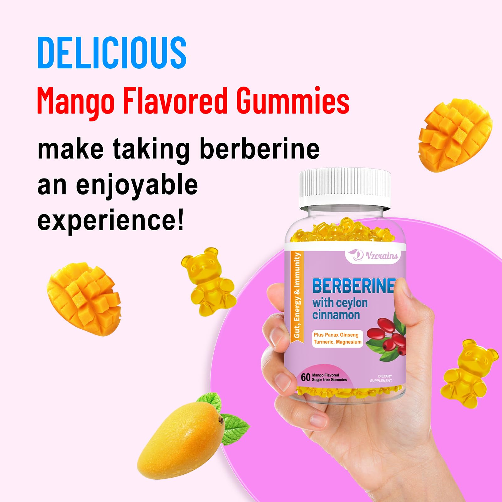 2 Pack Berberine with Ceylon Cinnamon Gummies, 2000mg High Potency Berberine HCI VZOXAINSUS supplements