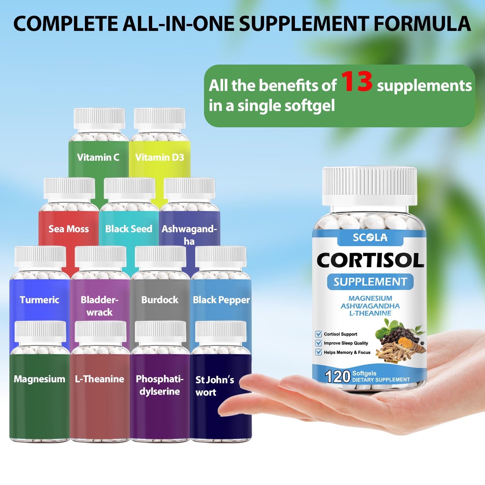 SCOLA Cortisol Supplement for Women and Men with Magnesium, Ashwagandha/L-Theanine, Cortisol Detox Manager, Cortisol Reducer Supports Relaxation & Calm, Mood, Sleep, 120 Count SCOLAAu supplements