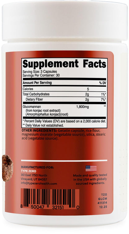 Type Zero Clean Glucomannan Konjac Root Extract (90 Capsules)(1,800 MG Per Serving) - 30 Servings, Non-GMO, Gluten Free Type ZeroUS supplements
