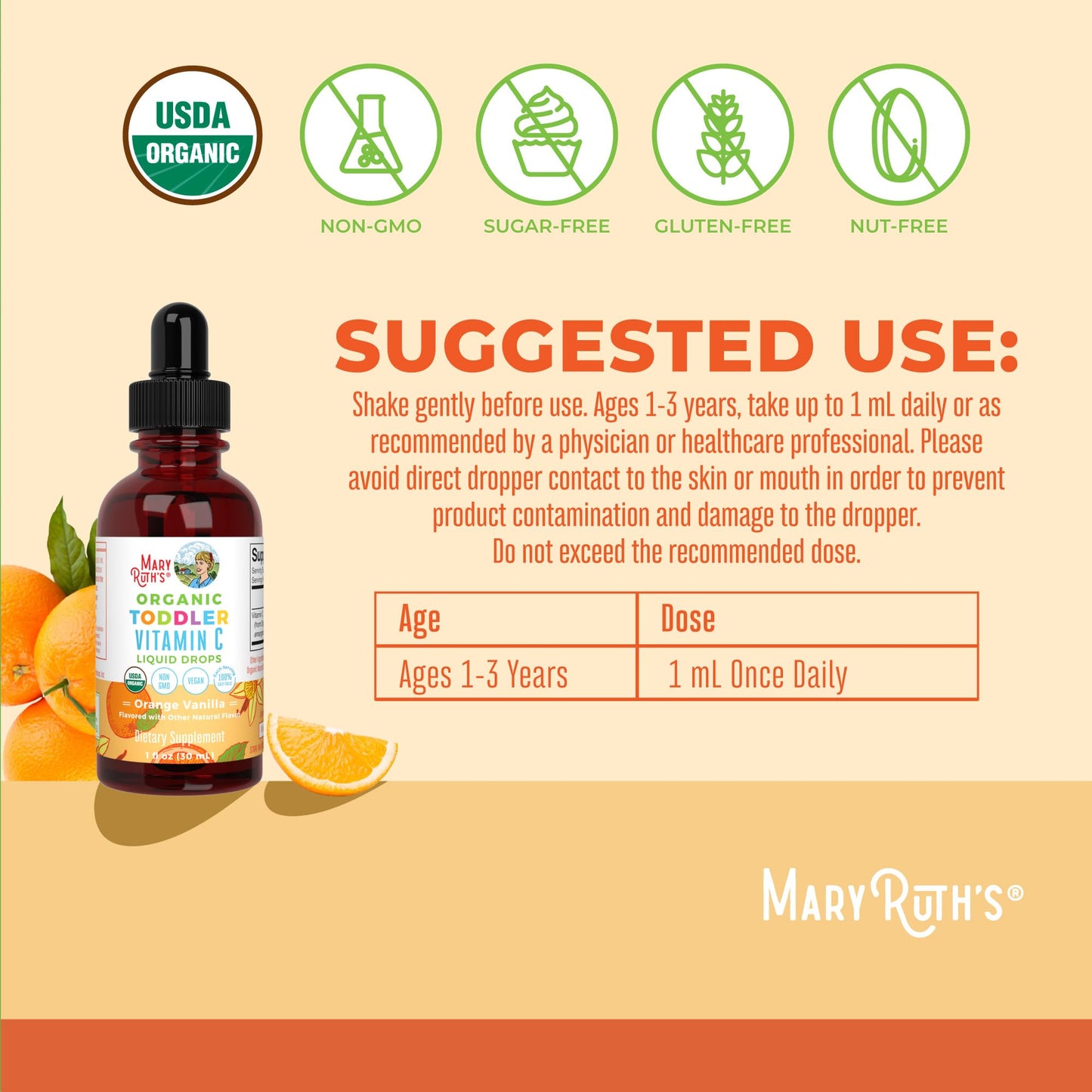 MARYRUTH'S Organic Toddler Vitamin C Drops for Immunity | Ages 1-3 Years | 15 mg Per Serving | Vitamin C for Immune Support & Overall Health | Vegan | Sugar Free MARYRUTH'SUS supplements