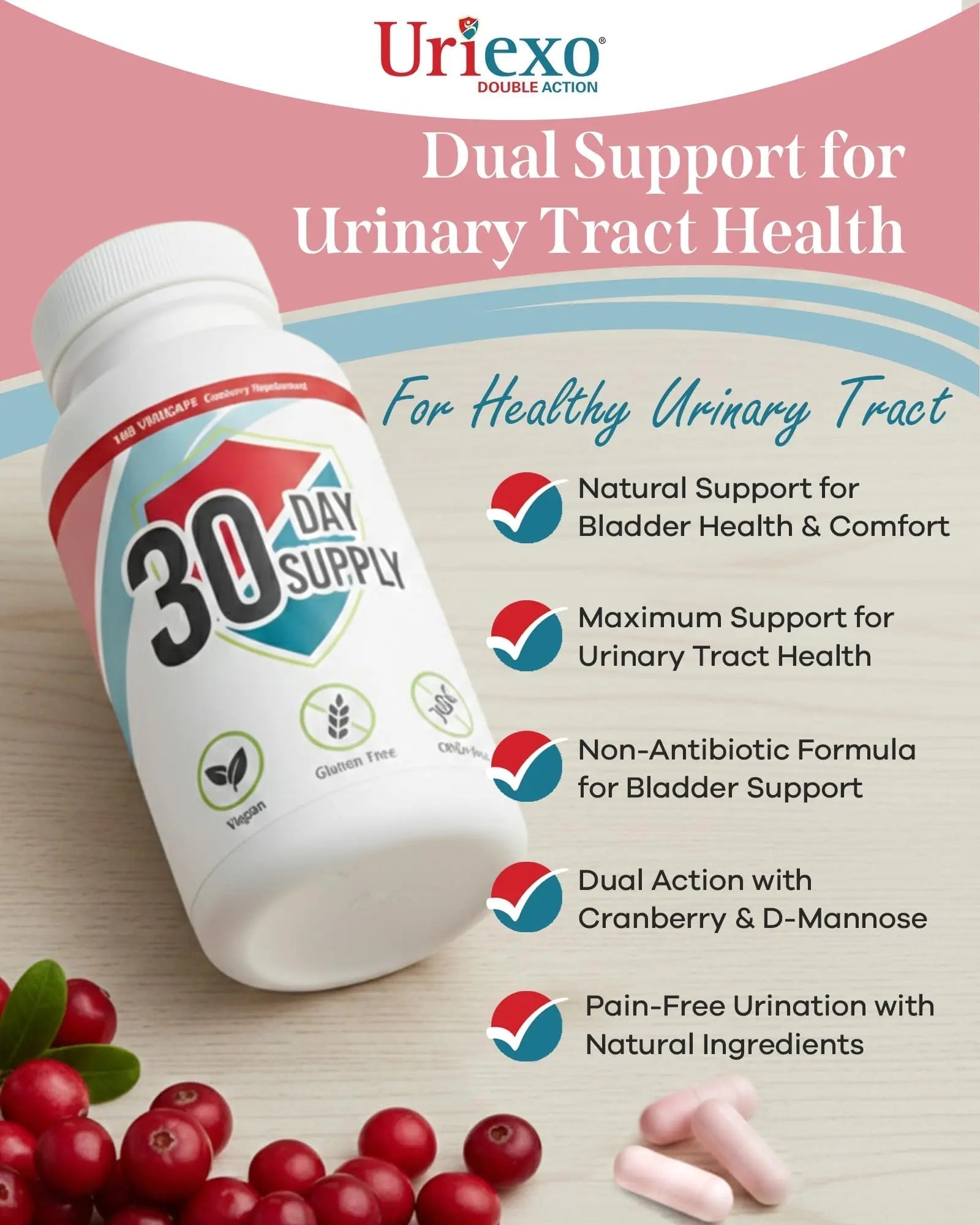 Uriexo Double Action Support Cranberry Pills - Urinary Tract Health Supplement with 36mg Proanthocyanidins PACs & 2000mg D-Mannose, Capsules for Men & Women, Non-Antibiotic Formula, 30 Day Supply UriexoAu supplements