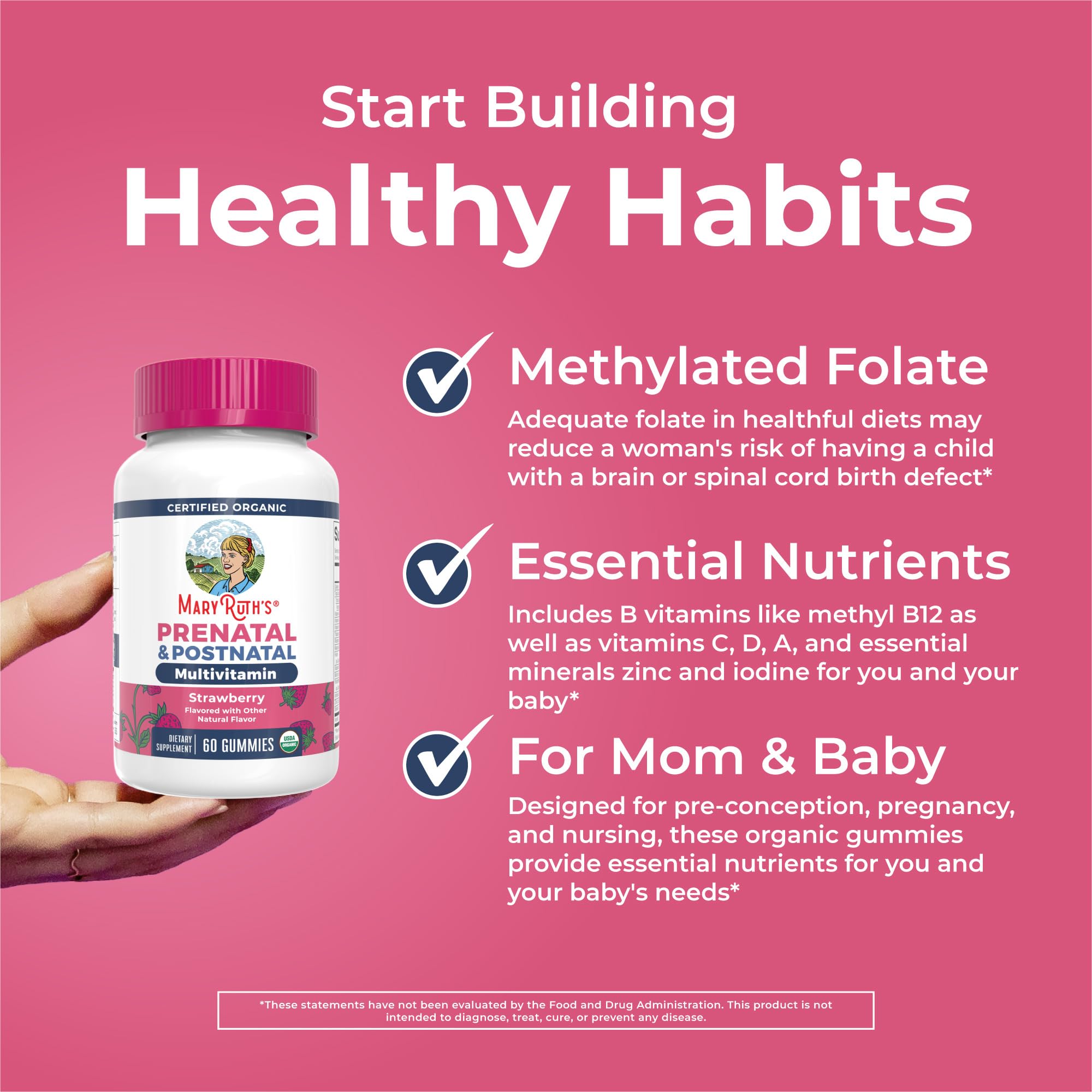 MaryRuth Organics Prenatal Vitamins for Women | USDA Organic Prenatal Gummies | Postnatal Vitamins for Women Breastfeeding | Methylfolate 800 mcg DFE | Iodine | Vegan | Non GMO | 30 Servings MARYRUTH'SUS supplements
